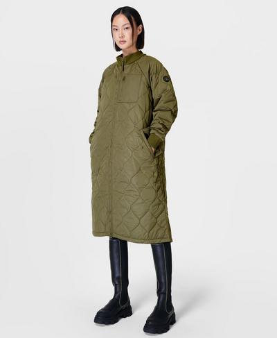 Quilted Longline Coat , Pine Green | Sweaty Betty