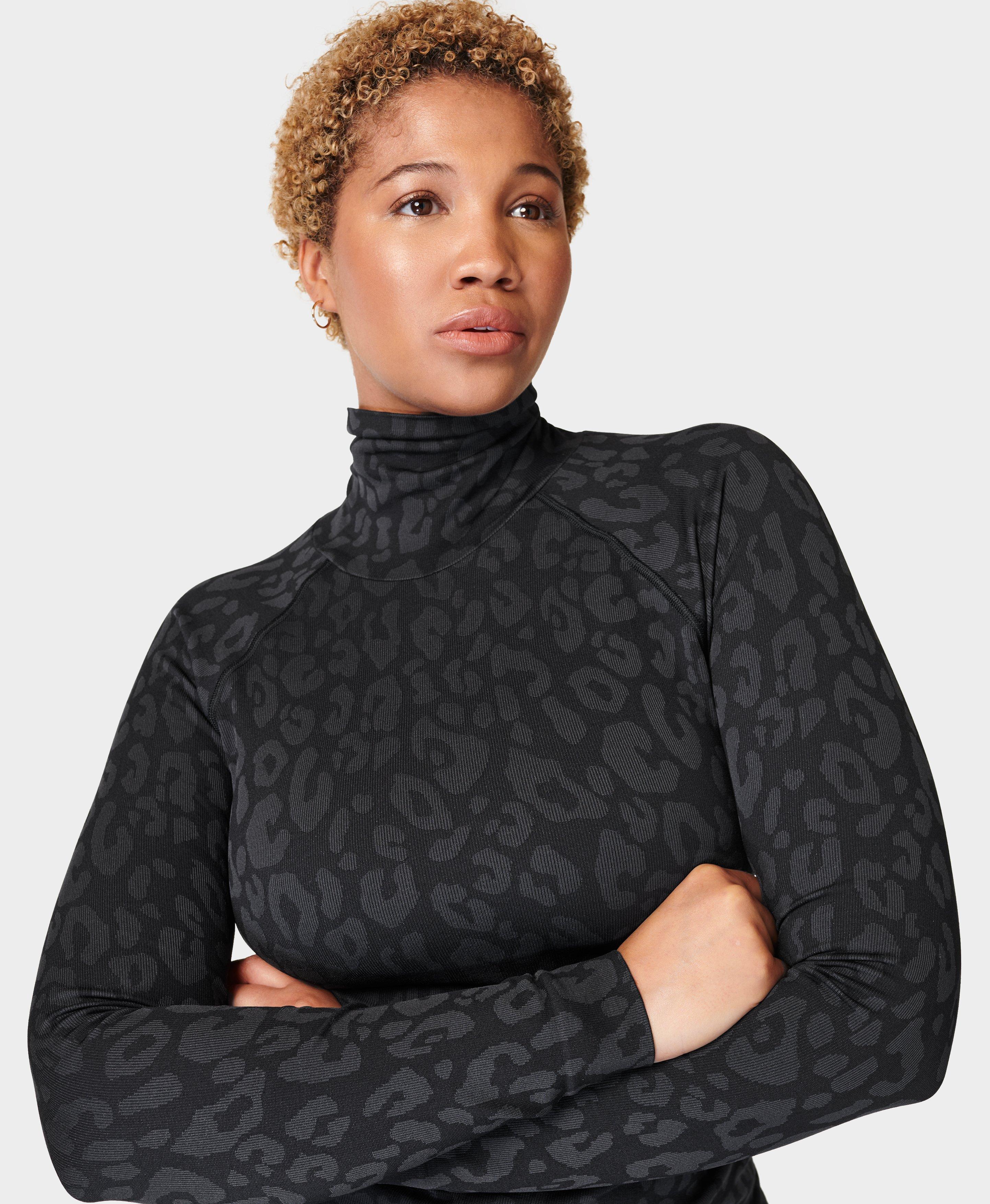 High Neck Leopard Jacquard Base Layer Top - Black Leopard Paint 