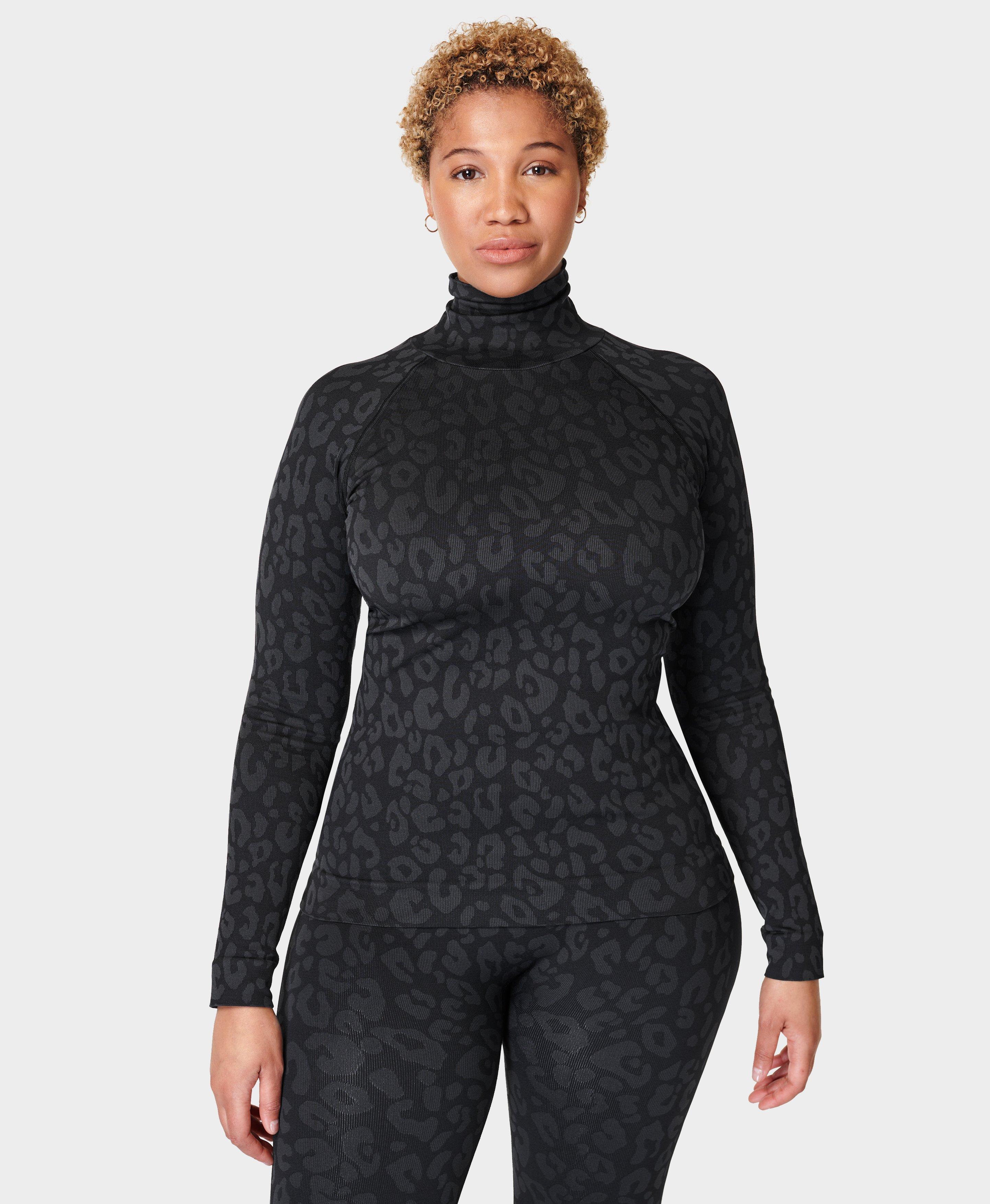 High Neck Leopard Jacquard Base Layer Top - Black Leopard Paint