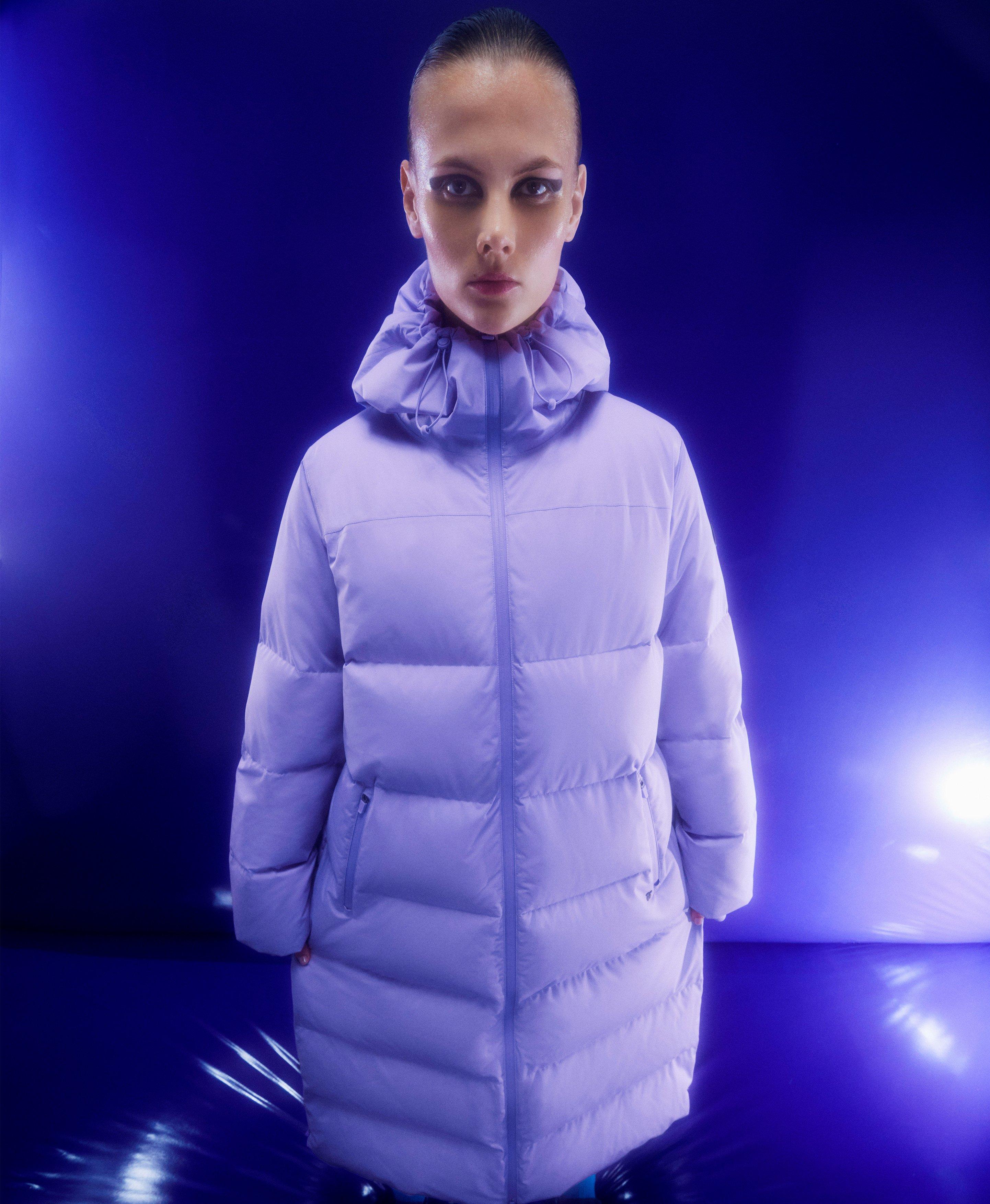 Purple puffer discount coat with hood