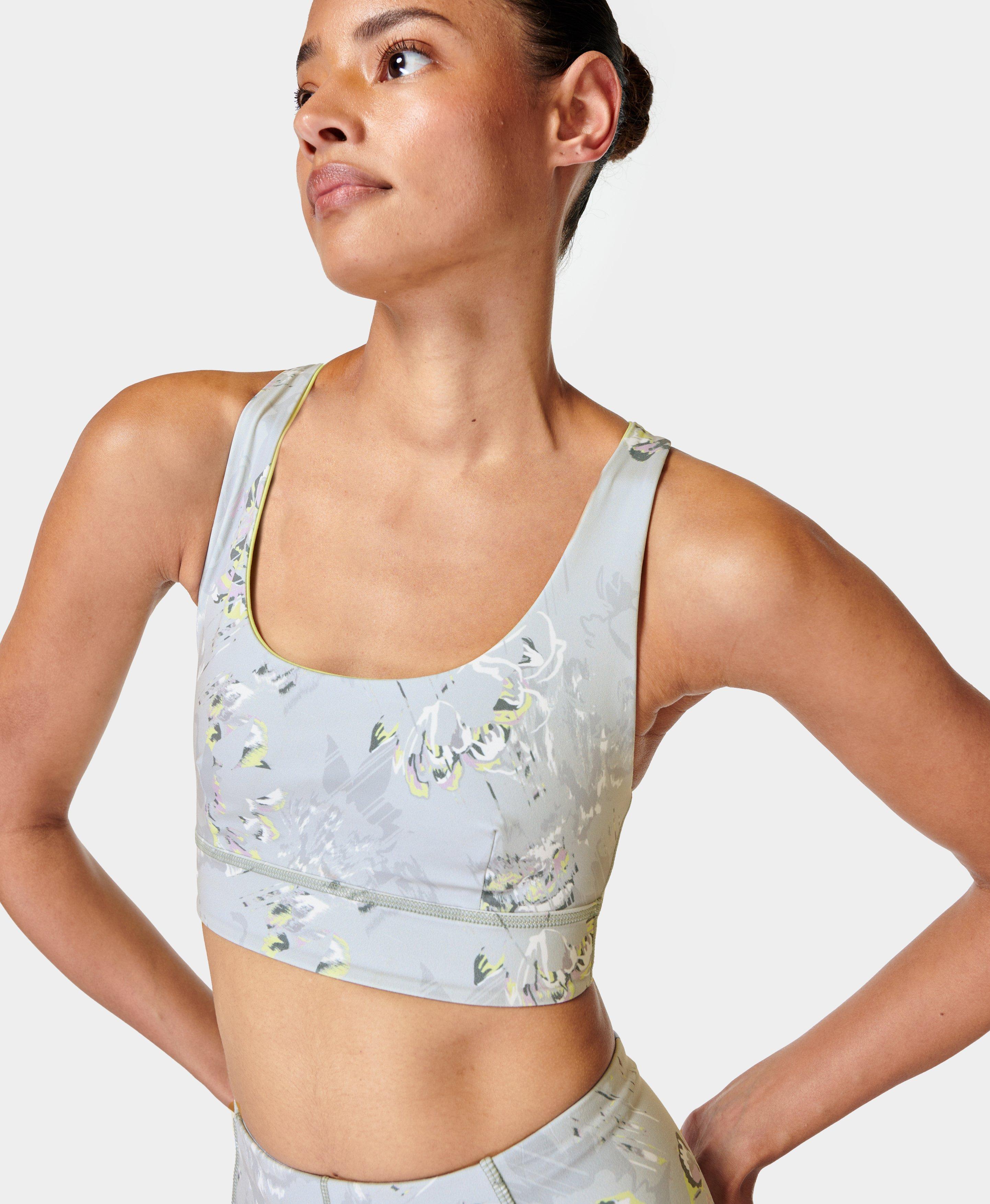 Watercolour Effect Leaf Print Ruffle Strap Sports Bra