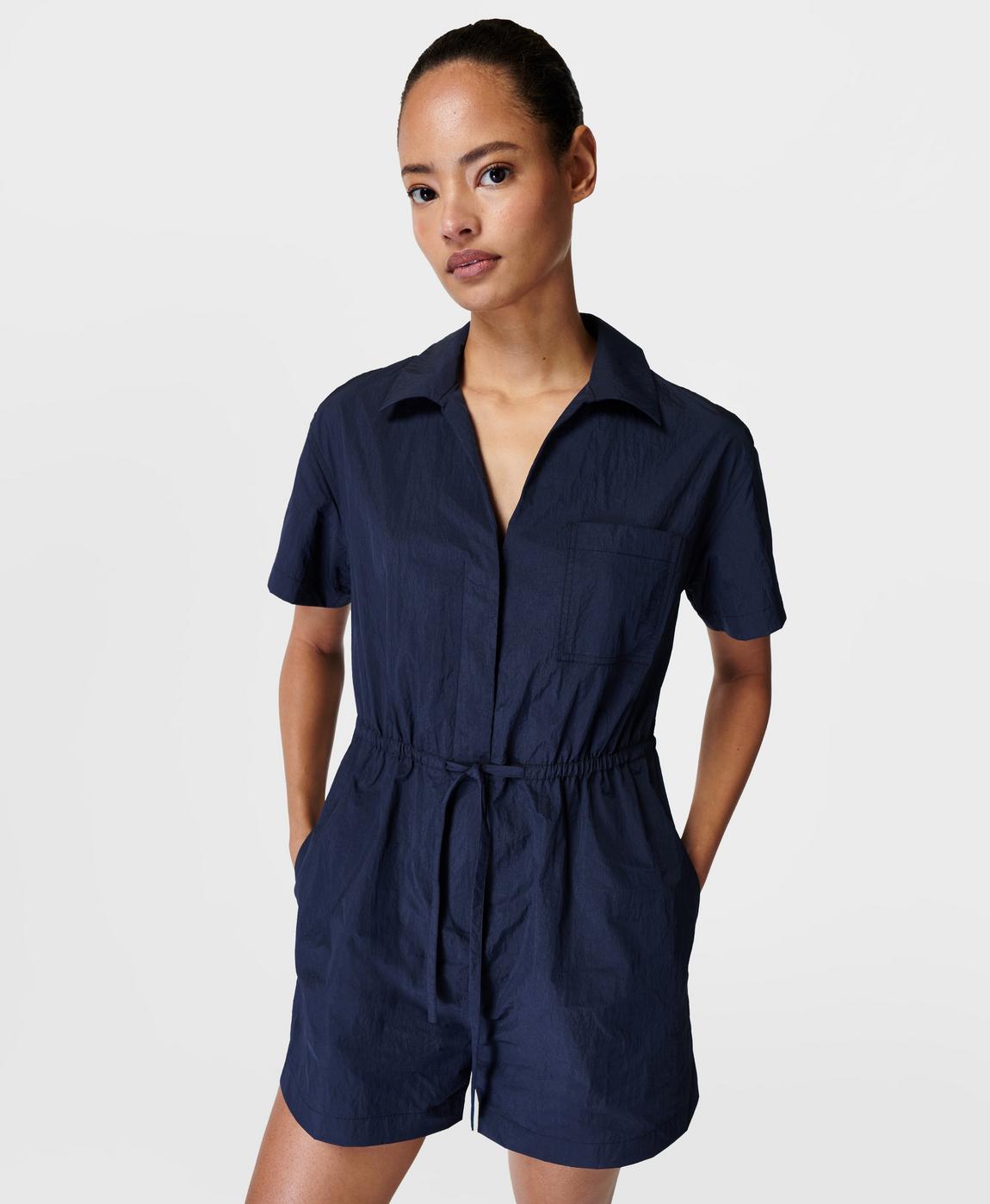 Anytime Short Sleeve Romper - Navy Blue, Women's Dresses and Jumpsuits