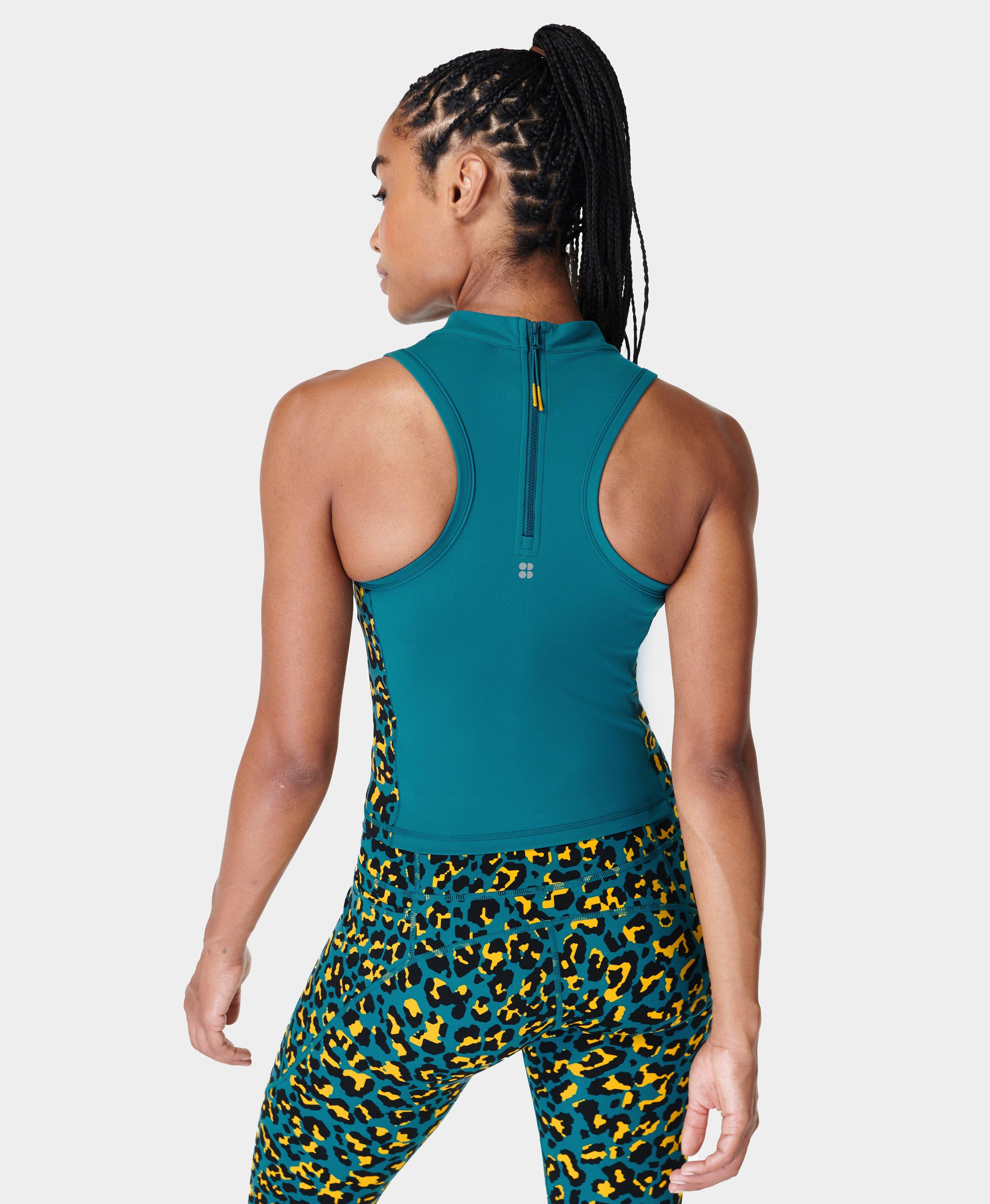 Power Zip Back Colour Block Crop - Blue Pixel Leopard Print, Women's Vests