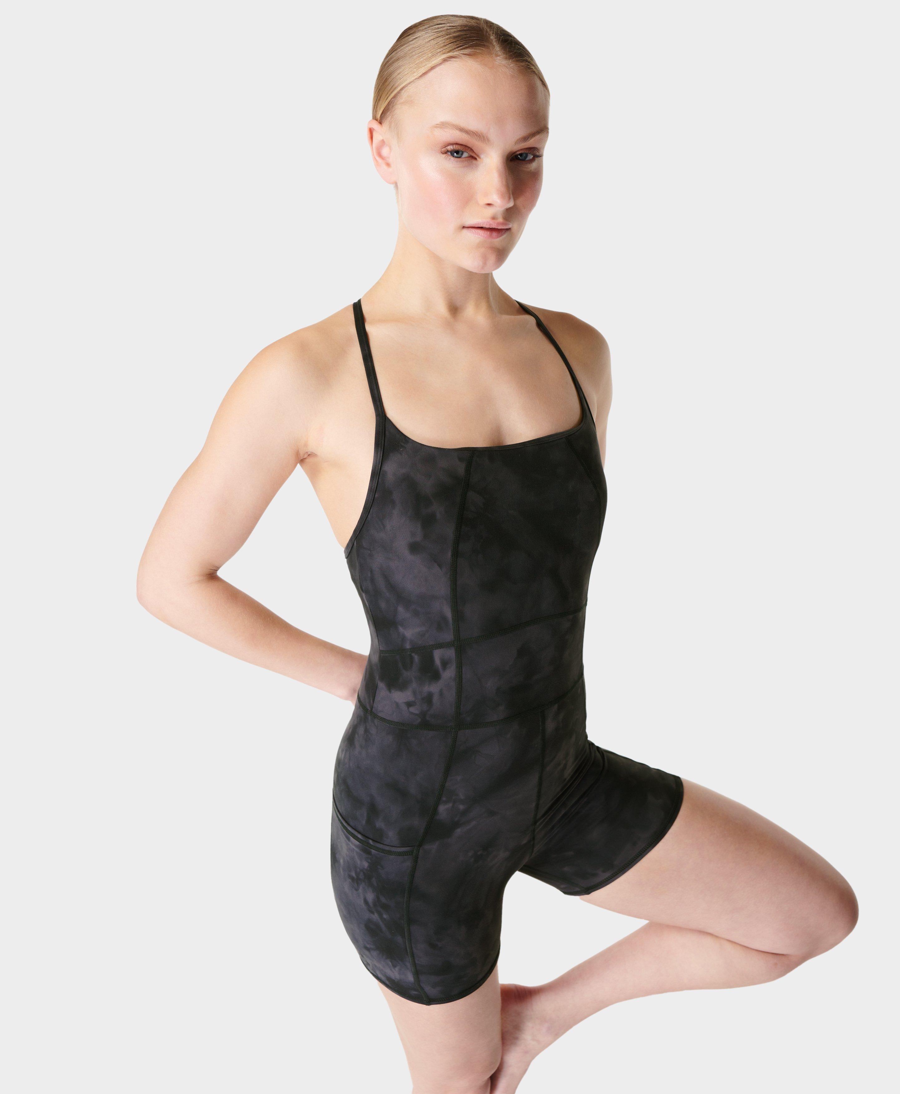 Super Soft Short Bodysuit , Black Spray Dye Print | Sweaty Betty
