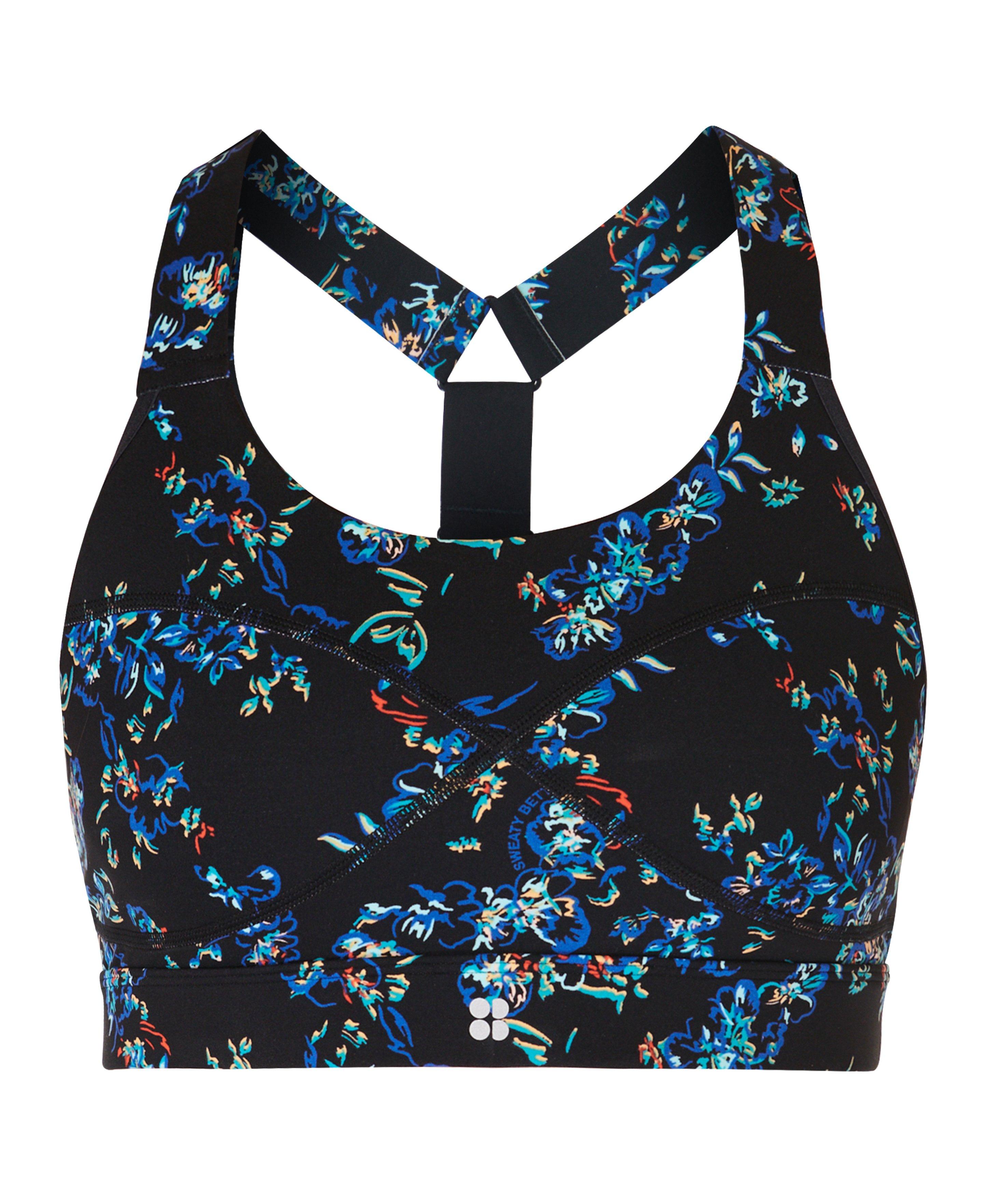 Power Medium Support Sports Bra - Blue Floral Doodle Print 
