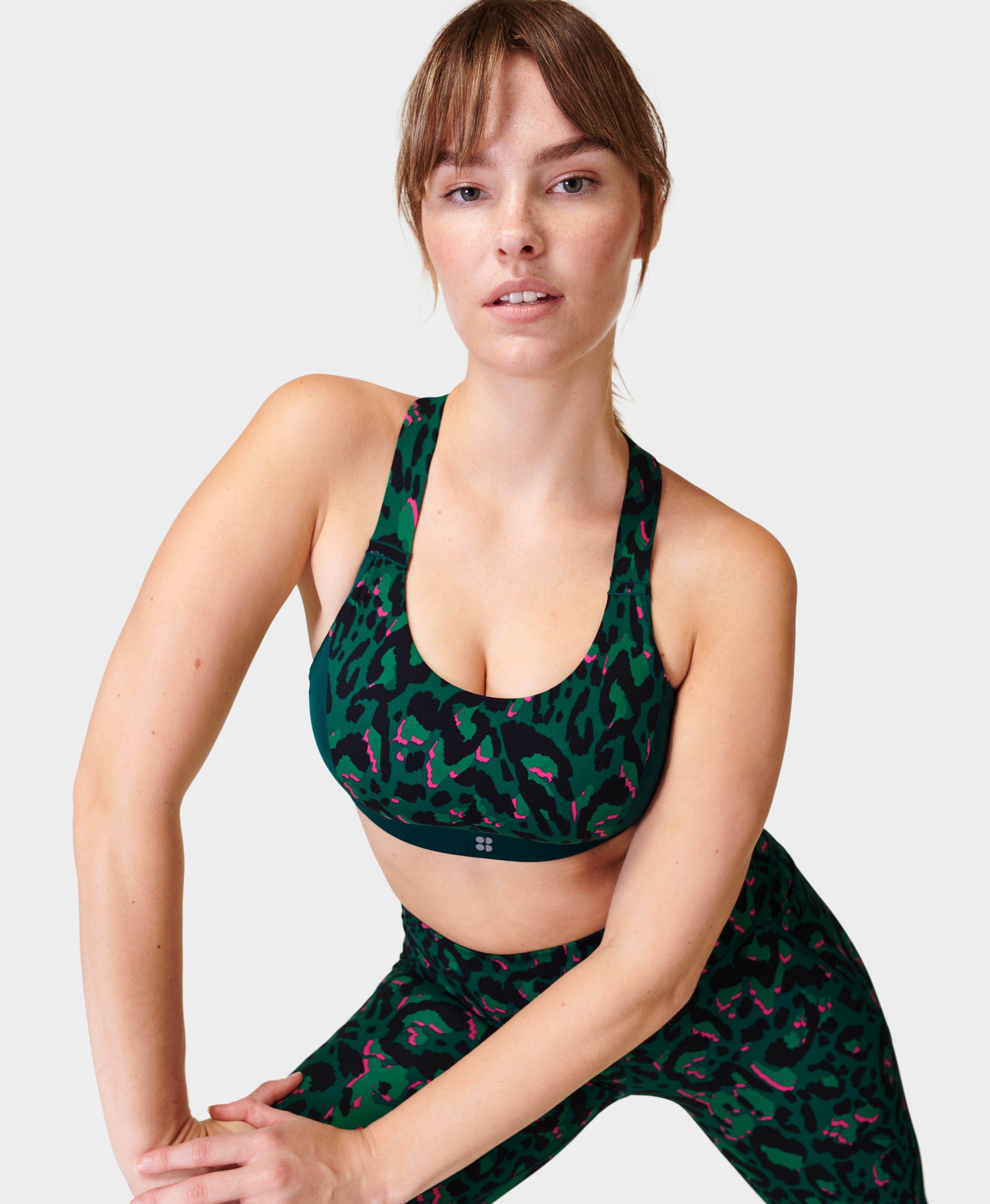 Power Medium Support Sports Bra - Green Brushstroke Leo Print, Women's  Sports Bras