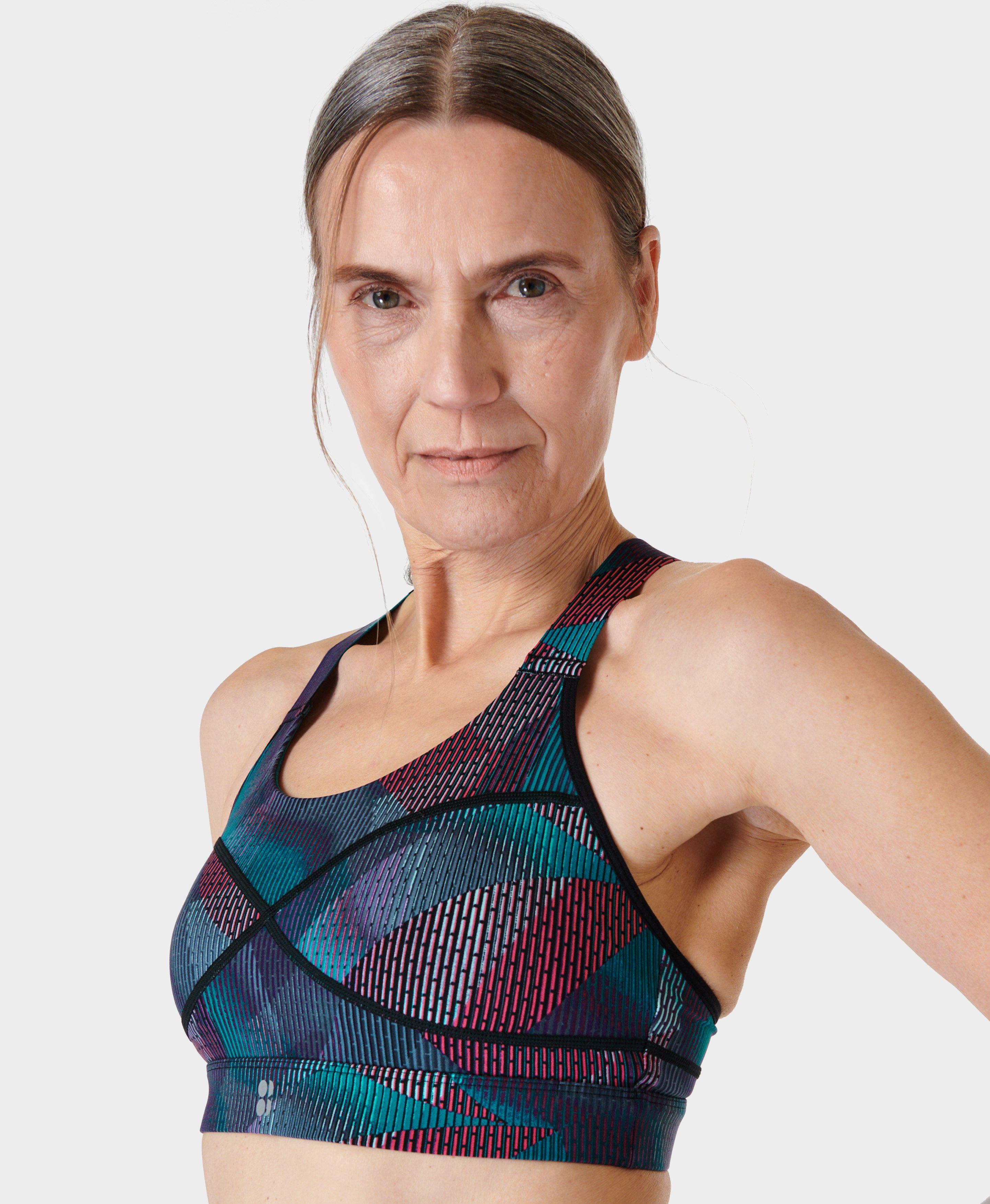 Power Medium Support Sports Bra - Grey Gradient Shapes Print, Women's Sports  Bras