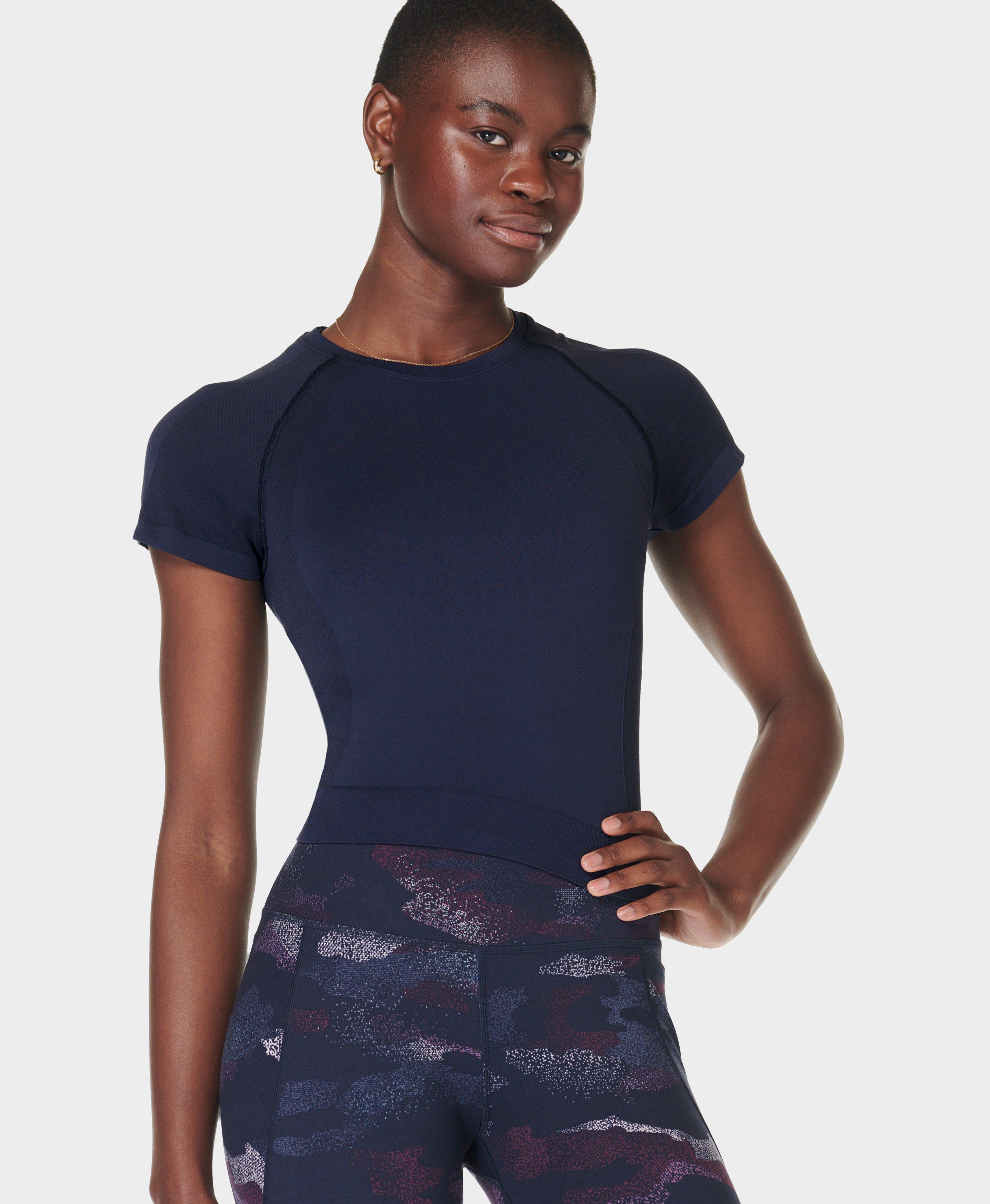 Sweaty Betty Athlete Cropped Seamless Gym T-Shirt, Navy Blue, Women's XXL
