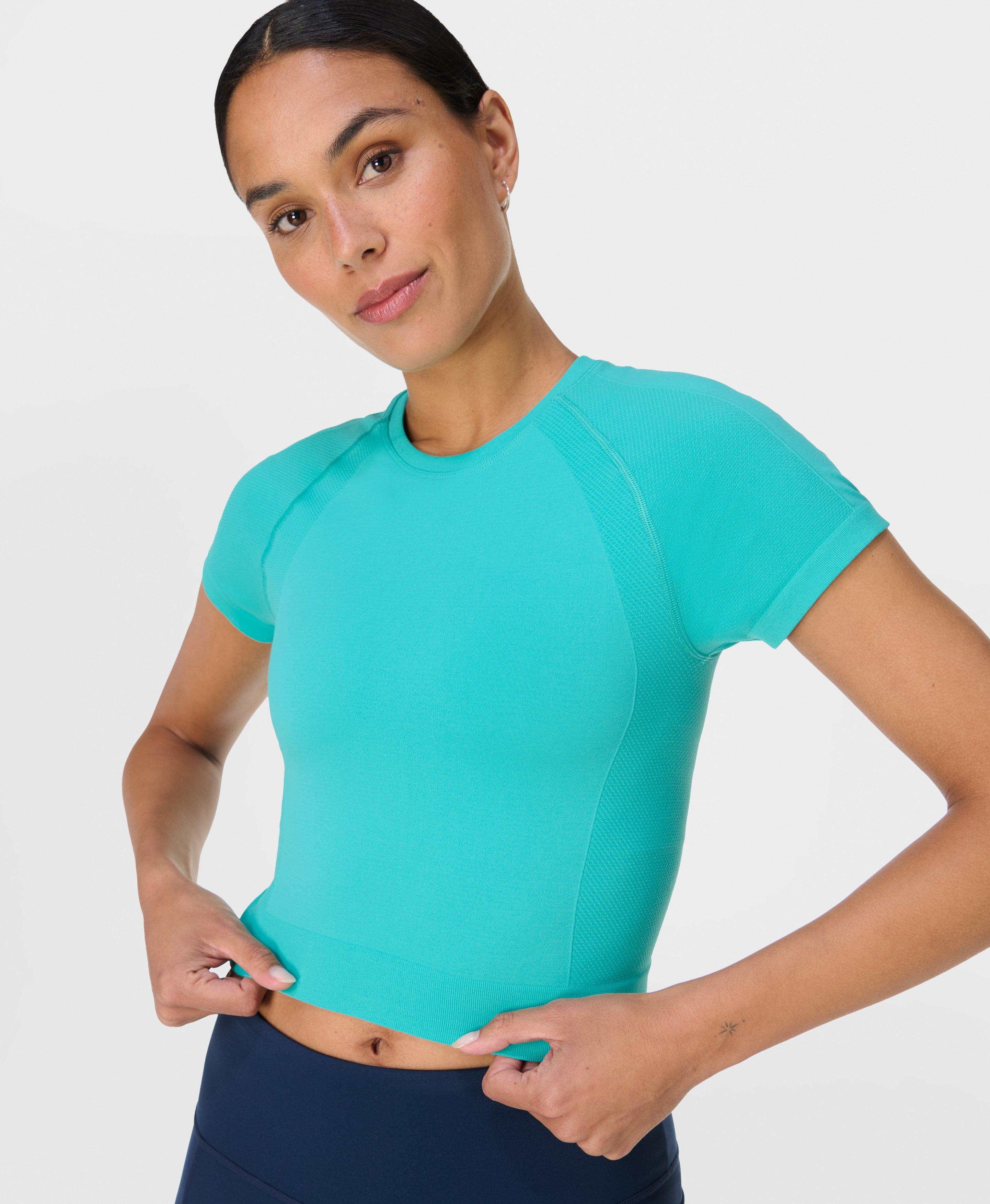 Sweaty Betty Athlete Crop Seamless Gym T-Shirt, Blue, Women's M