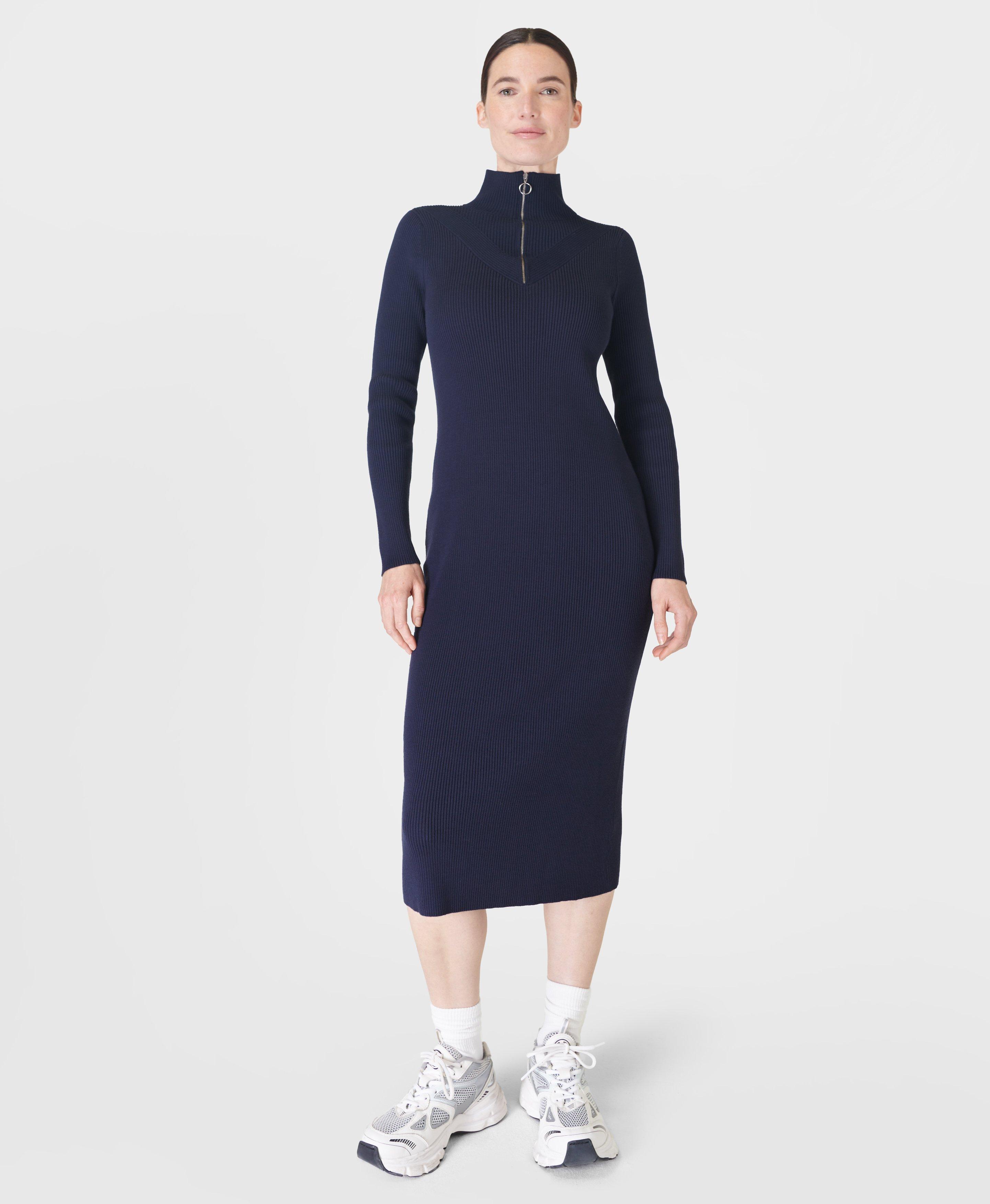 Yumi Navy Roll Neck Knitted Midi Jumper Dress