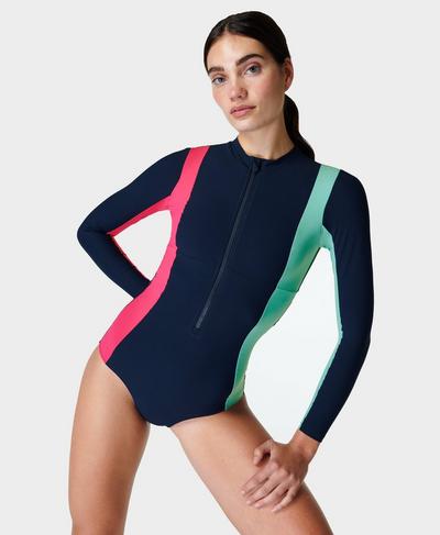 Tidal Xtra Life Long Sleeve Swimsuit, French Navy Blue Colour Block | Sweaty Betty
