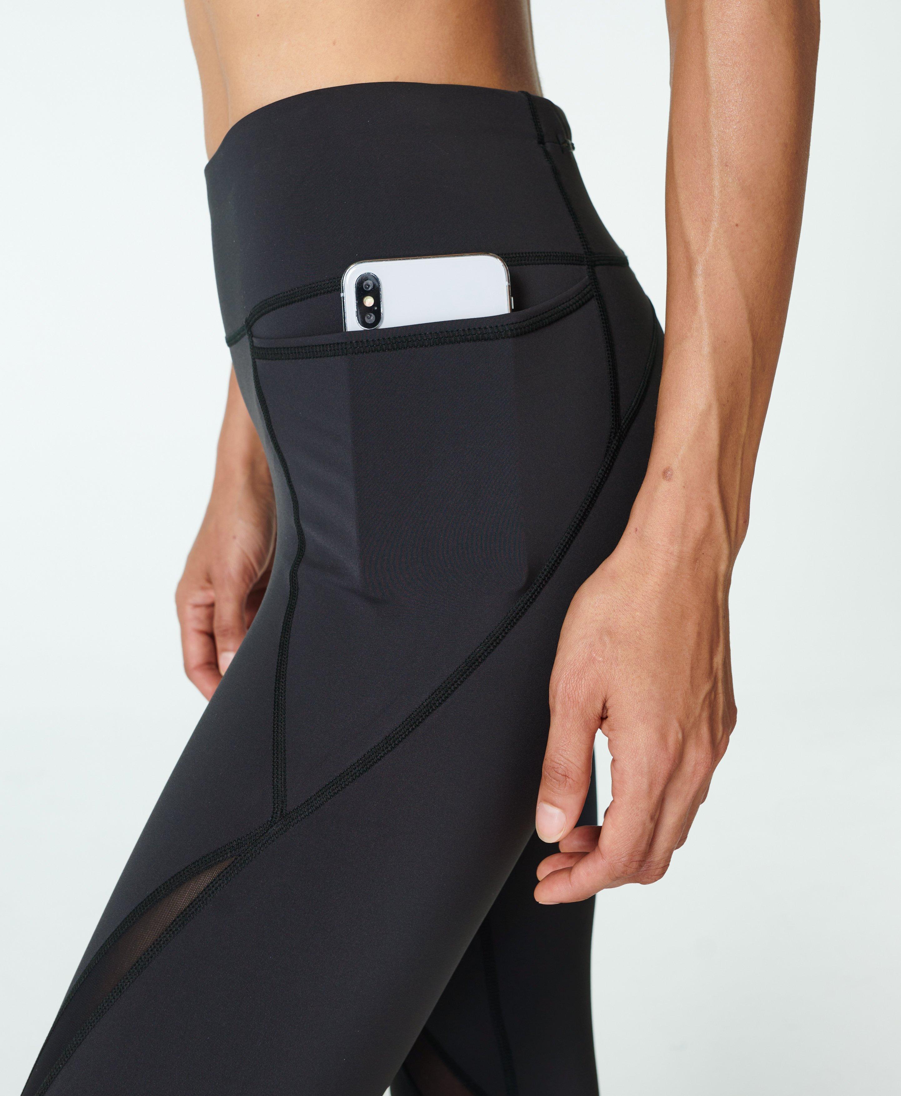 Stylish Black Lululemon Leggings with Mesh Panels and Pockets