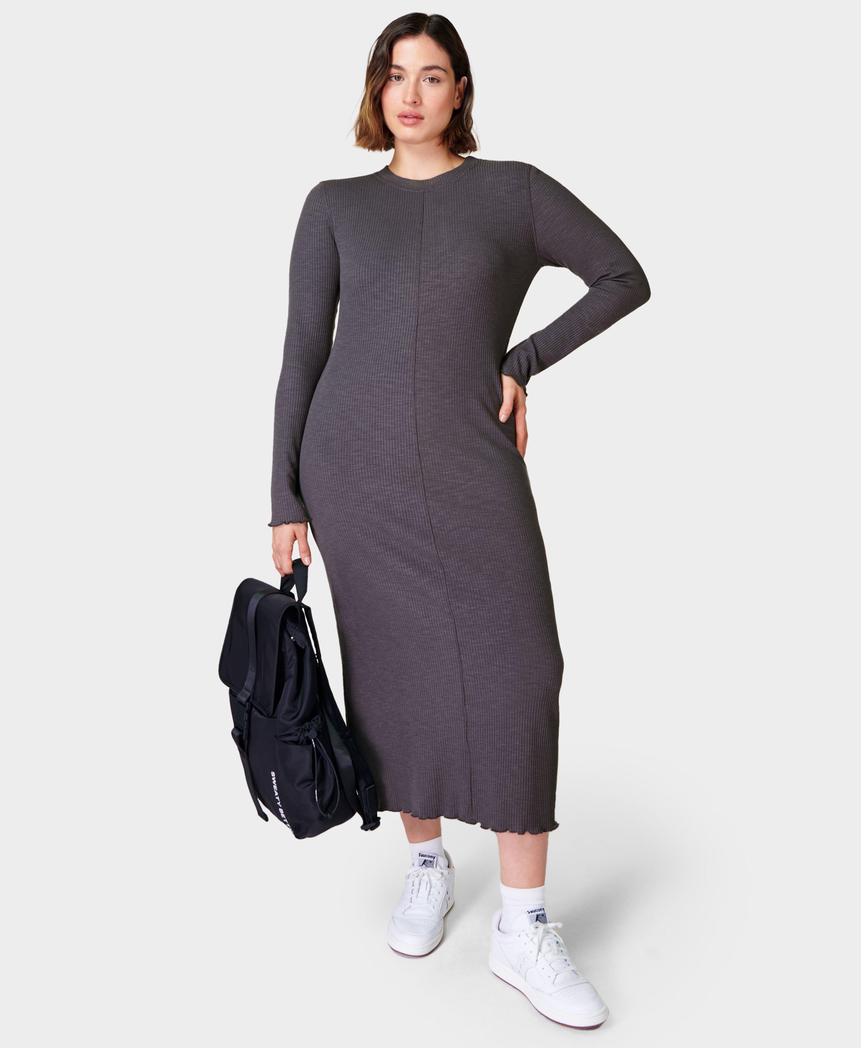 Ribbed Long Sleeve Midi Dress - Urban Grey | Women's Dresses and Jumpsuits  | Sweaty Betty