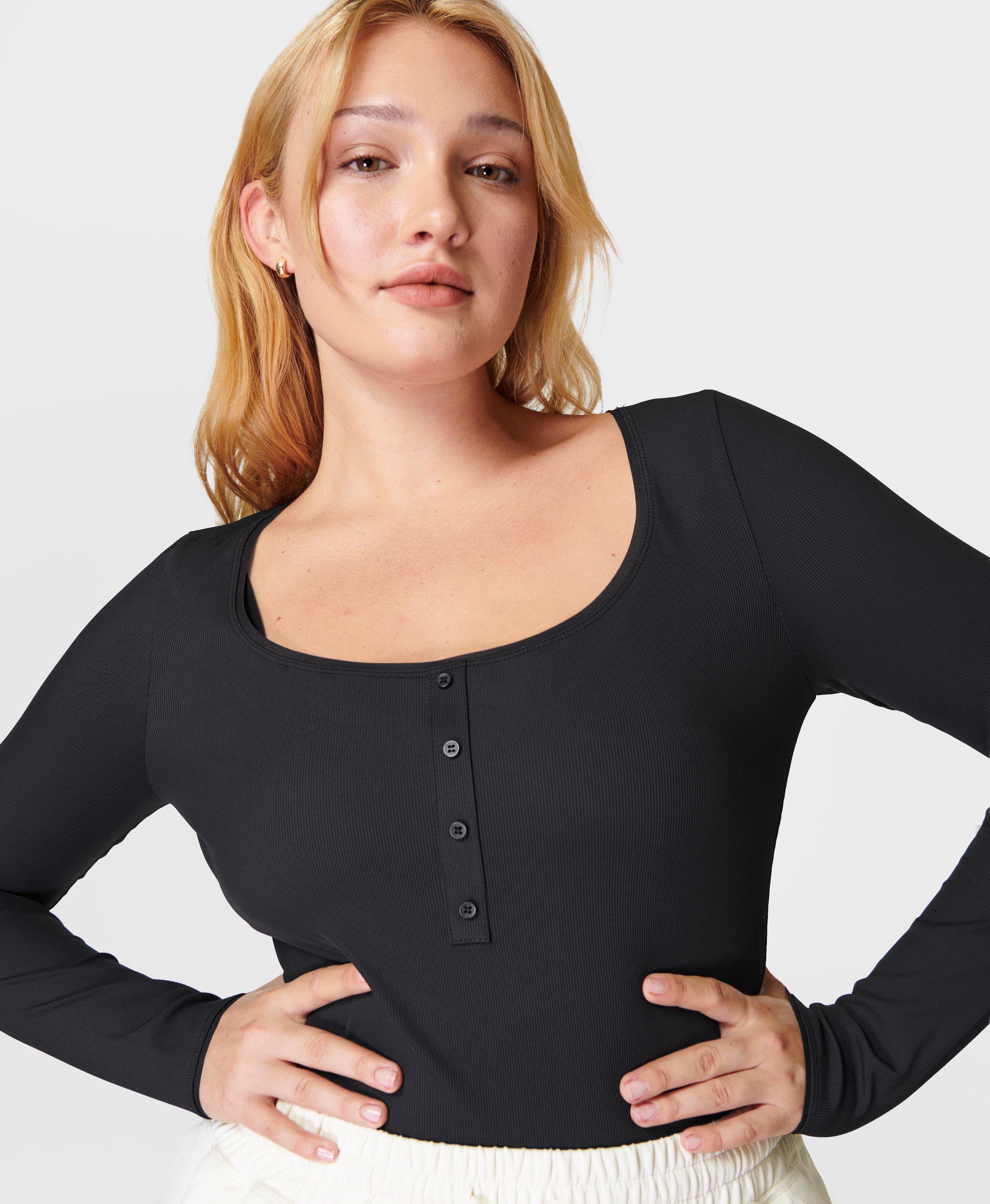 Black Long Sleeve Ribbed Henley Button Top