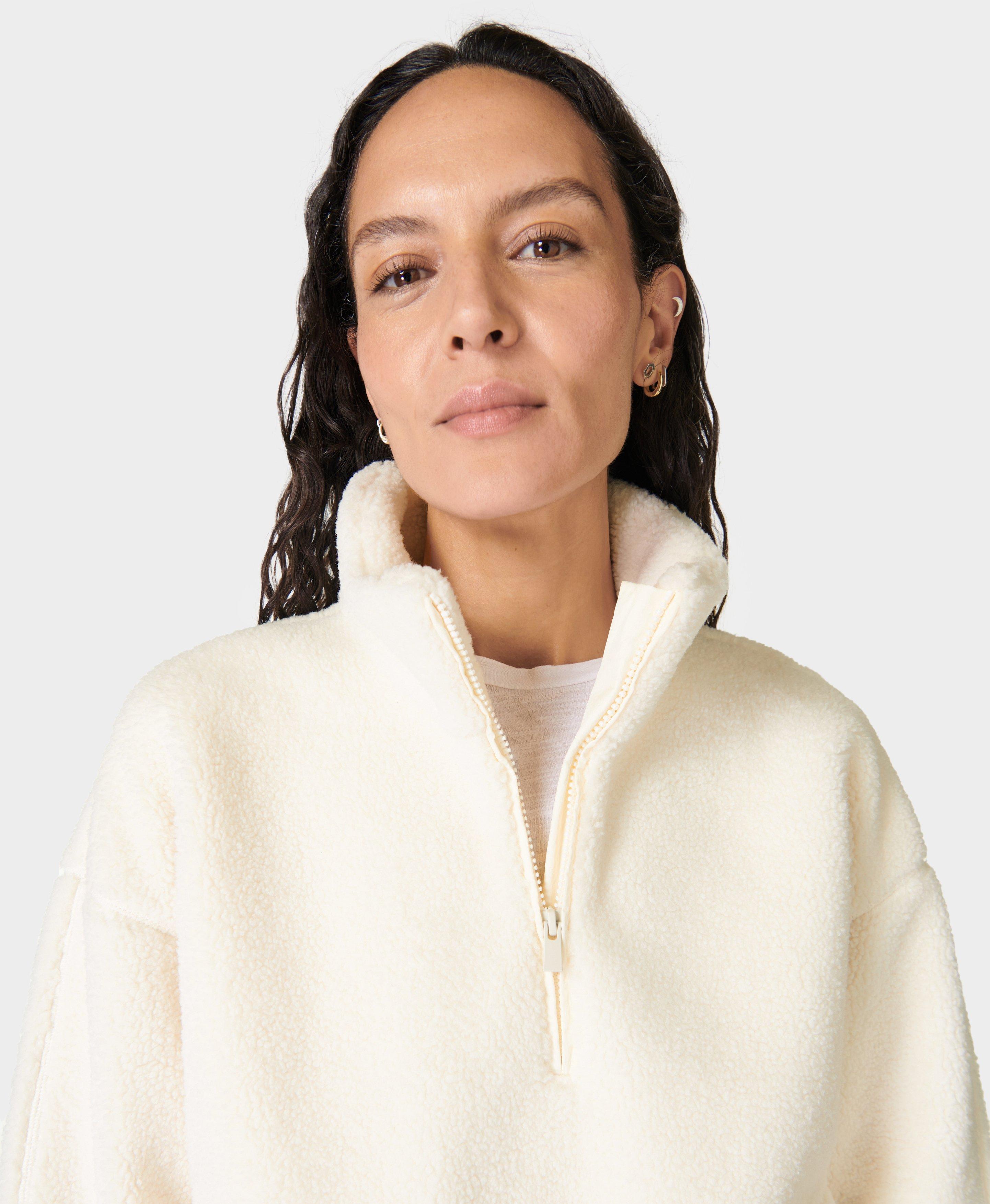 Plush Fleece Textured Half Zip - Studio White, Women's Jumpers + Hoodies