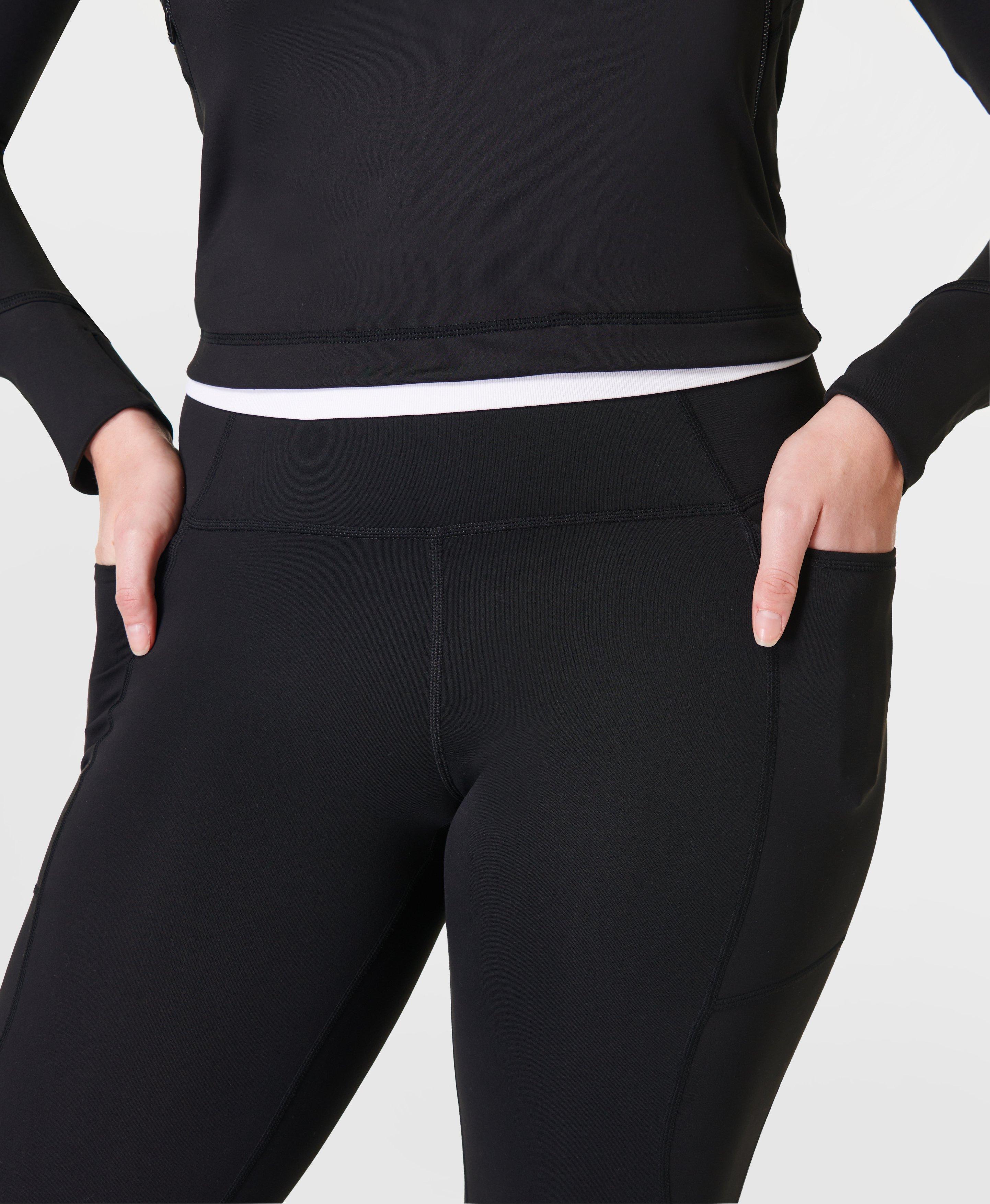 Sweaty Betty thermodynamic, black leggings with velvet stripes
