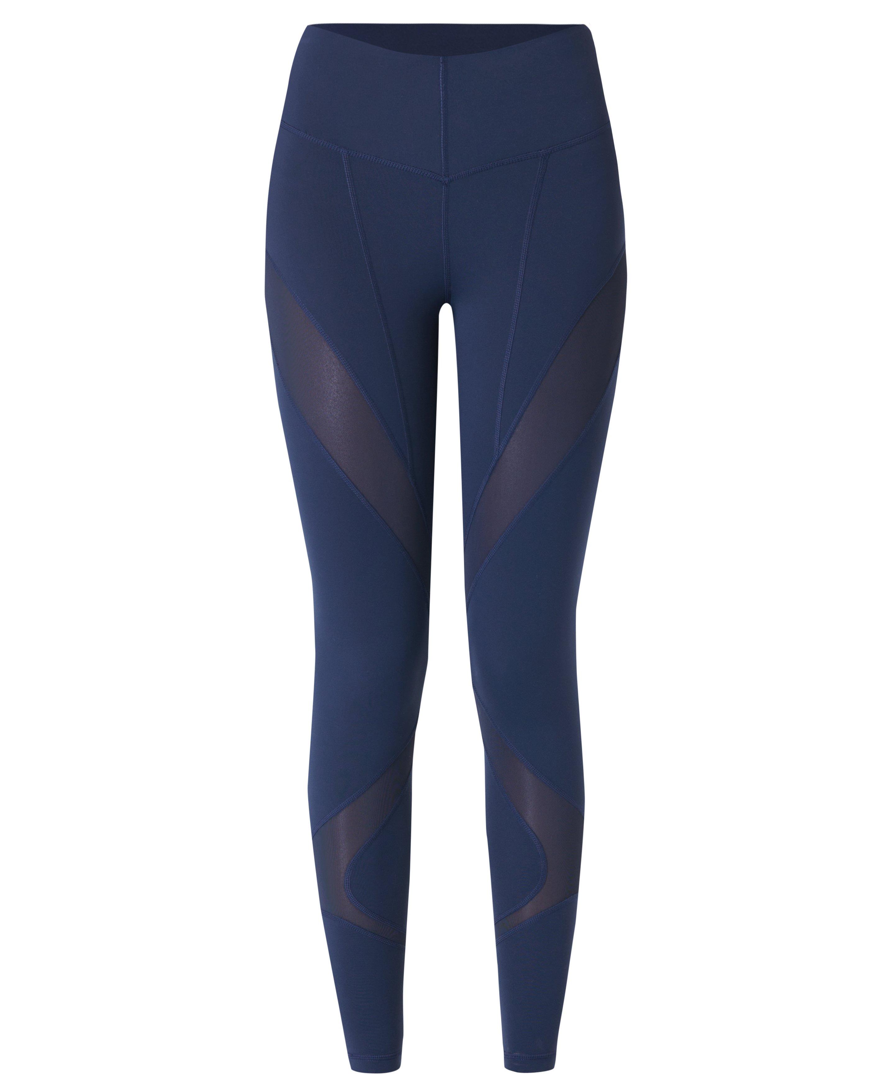 TYC 7/8 navy blue leggings with mesh stripes down front of legs. Size M