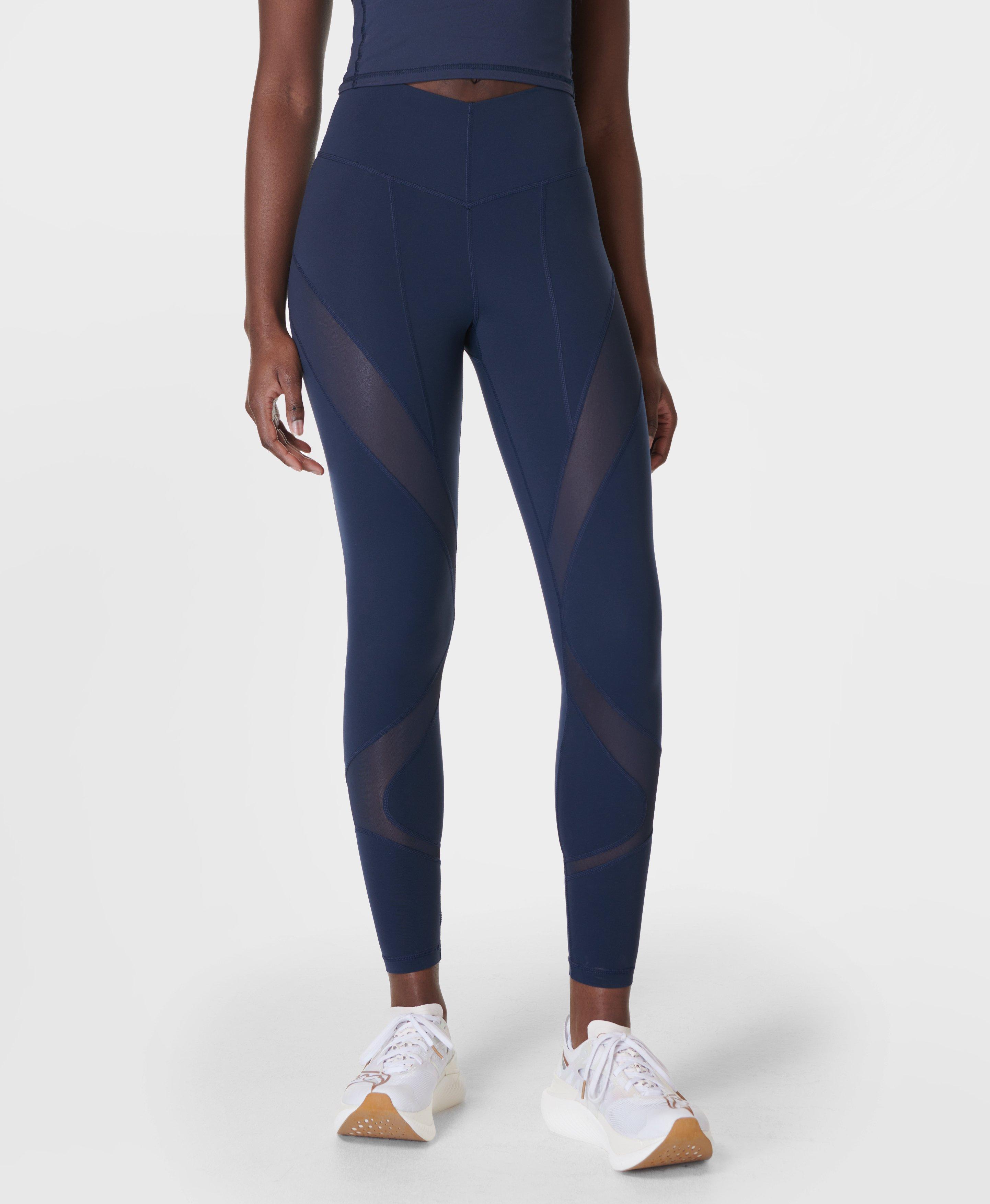 Navy Blue Sheer Mesh Womens Yoga Pants High Waist Running Leggings