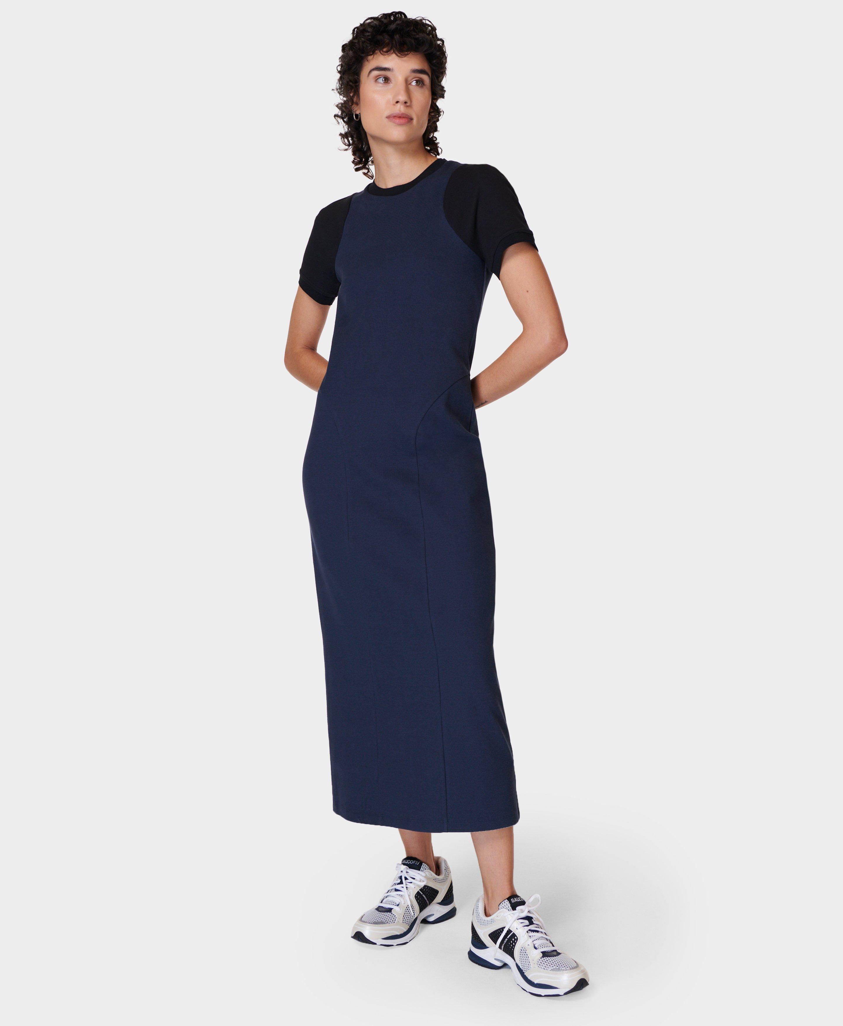 Sweaty Betty Racerblock Ribbed Midaxi Dress, Navy Blue, Women's XS