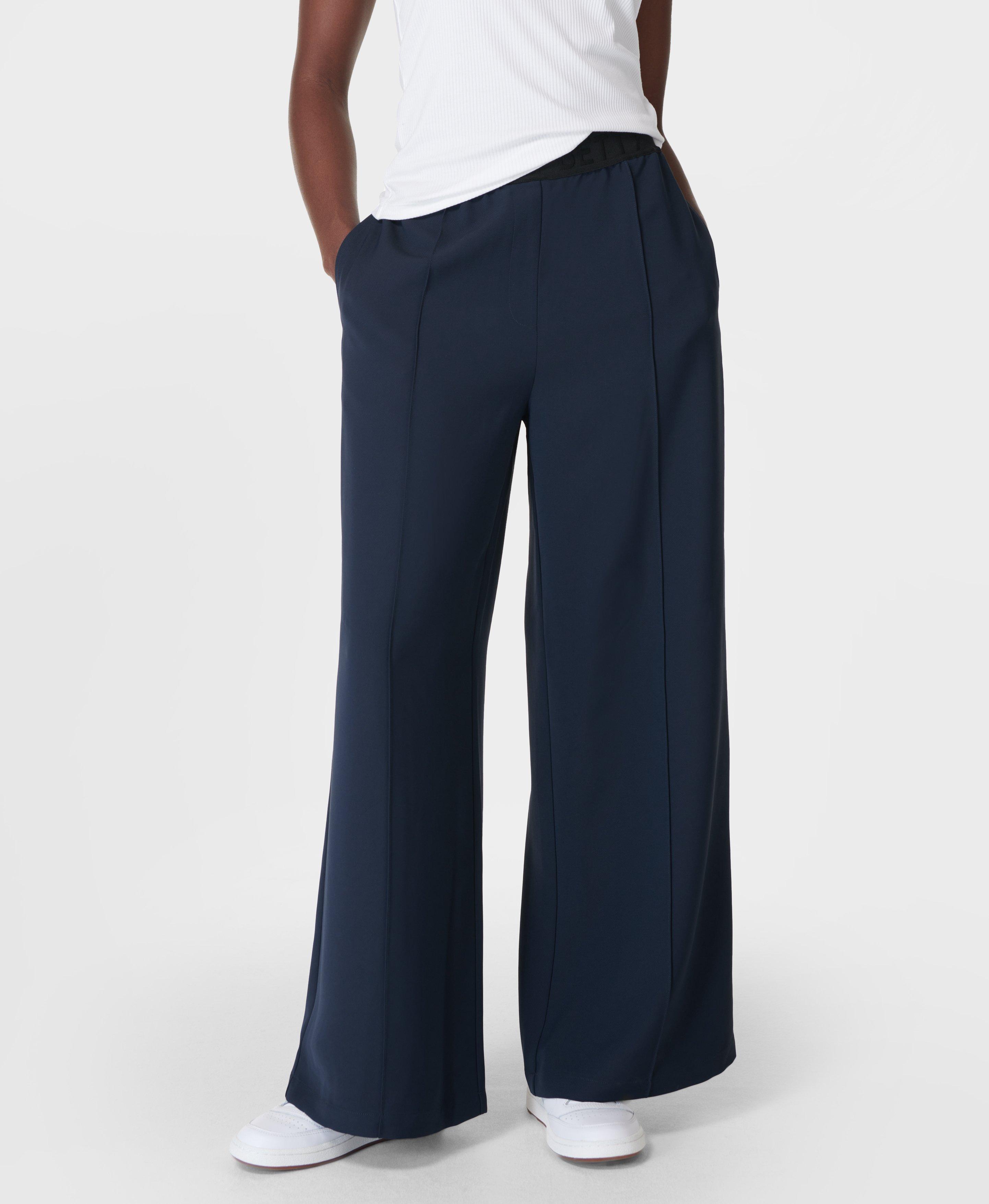 Embossed Wide Leg Track Pants - Navy Blue, Women's Trousers & Yoga Pants