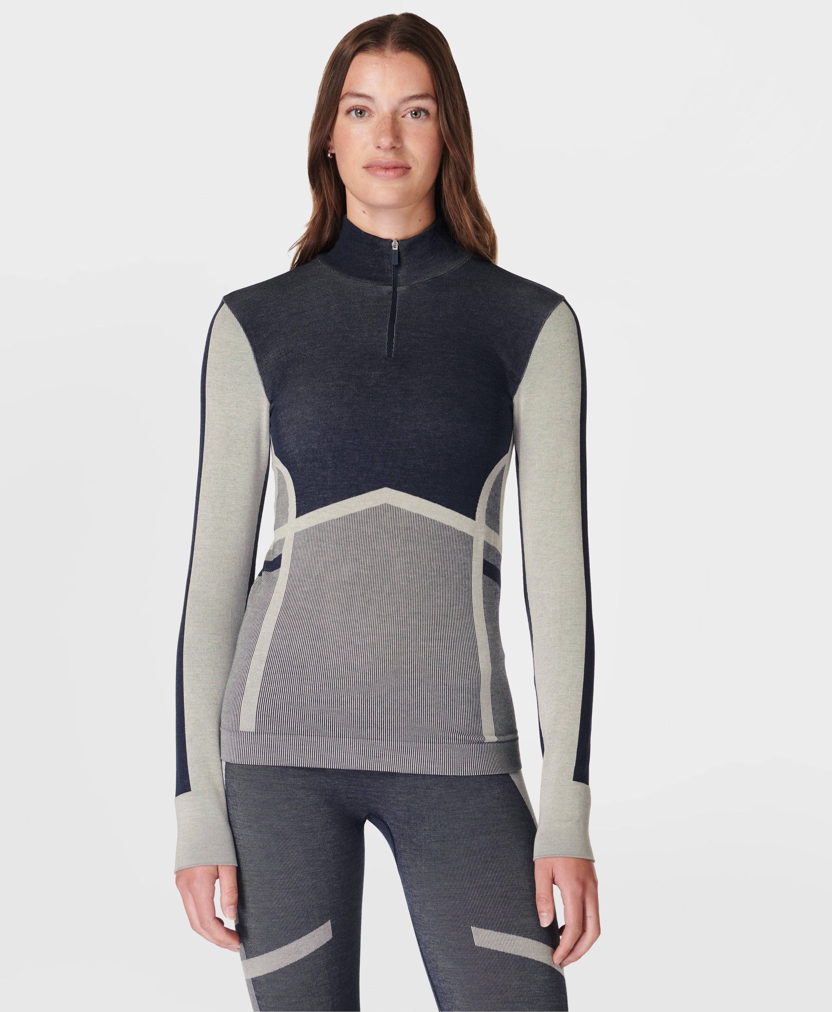 Sweaty Betty Modal Chevron Half Zip Base Layer Top Navy Blue Xs