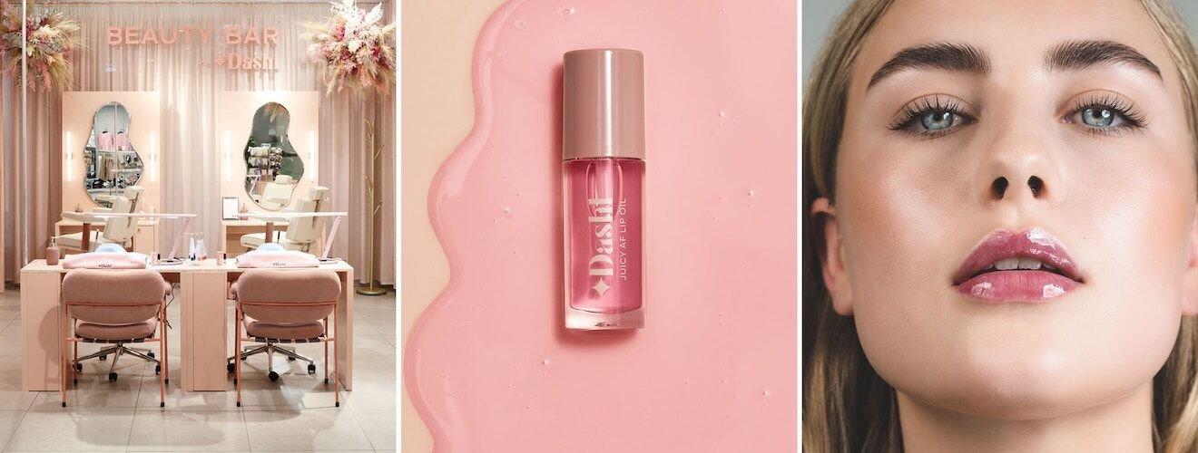 Beauty Bar by Dashl med rosa inredning och läppolja mot rosa bakgrund i delad bildkomposition.