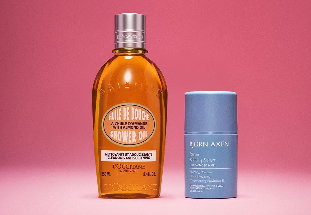 L'Occitane Almond Shower Oil och Björn Axén Repair Bonding Serum.