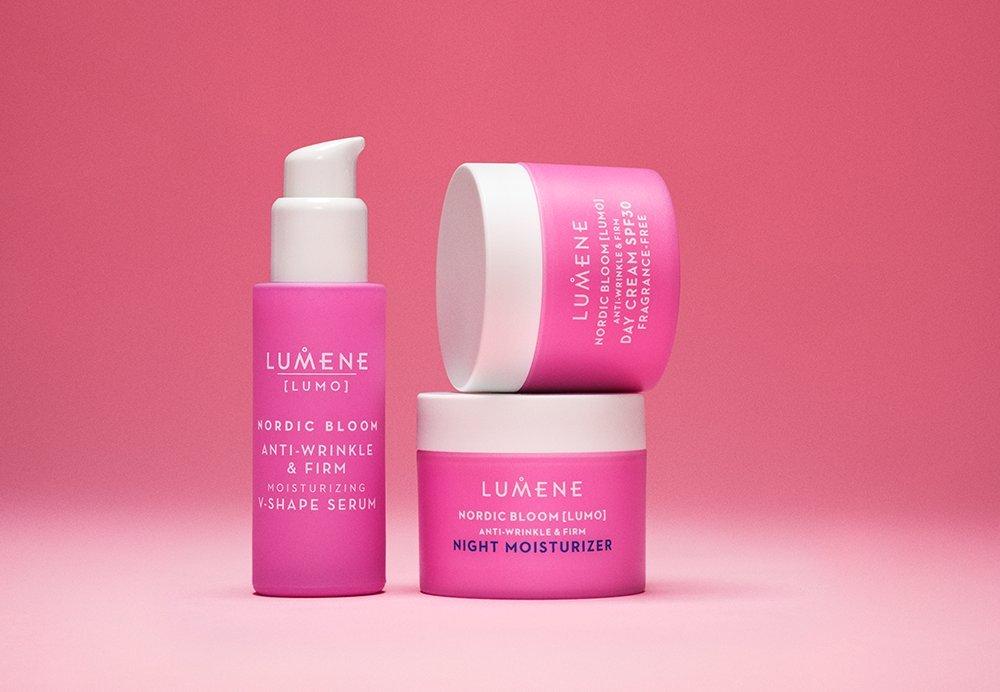 Lumene Nordic Bloom Day Moisturizer, Night Moisturizer och Moisturizing V-Shape Serum.