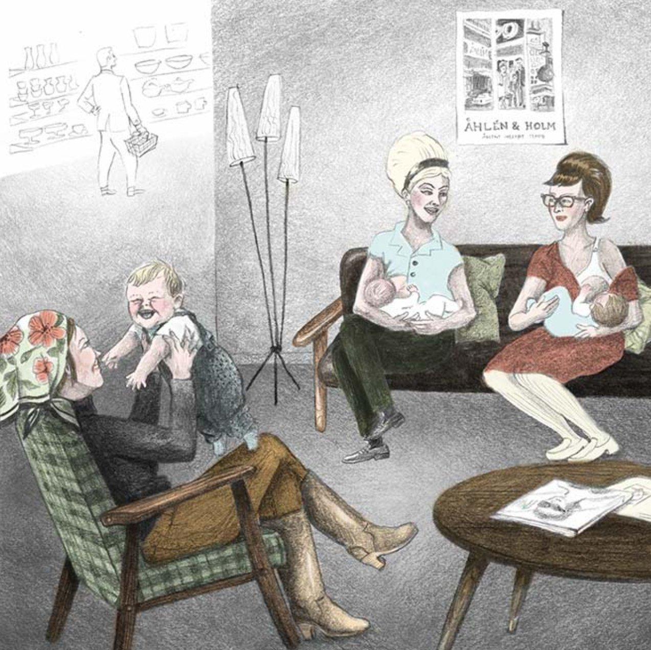 Illustration i retrostil av Åhléns första avskilda amningsrum, där mammor sitter med sina bebisar i soffor och fåtöljer.
