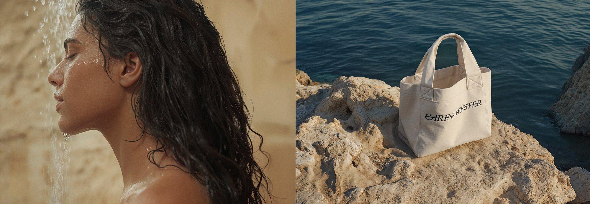 modell med lockigt hår och väska på klippa