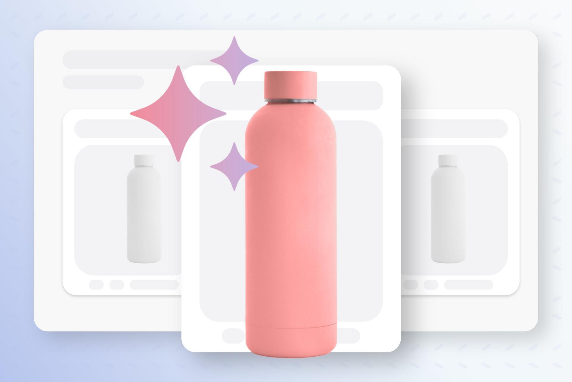 Pink water bottle with sparkles, displayed against a graphic background.