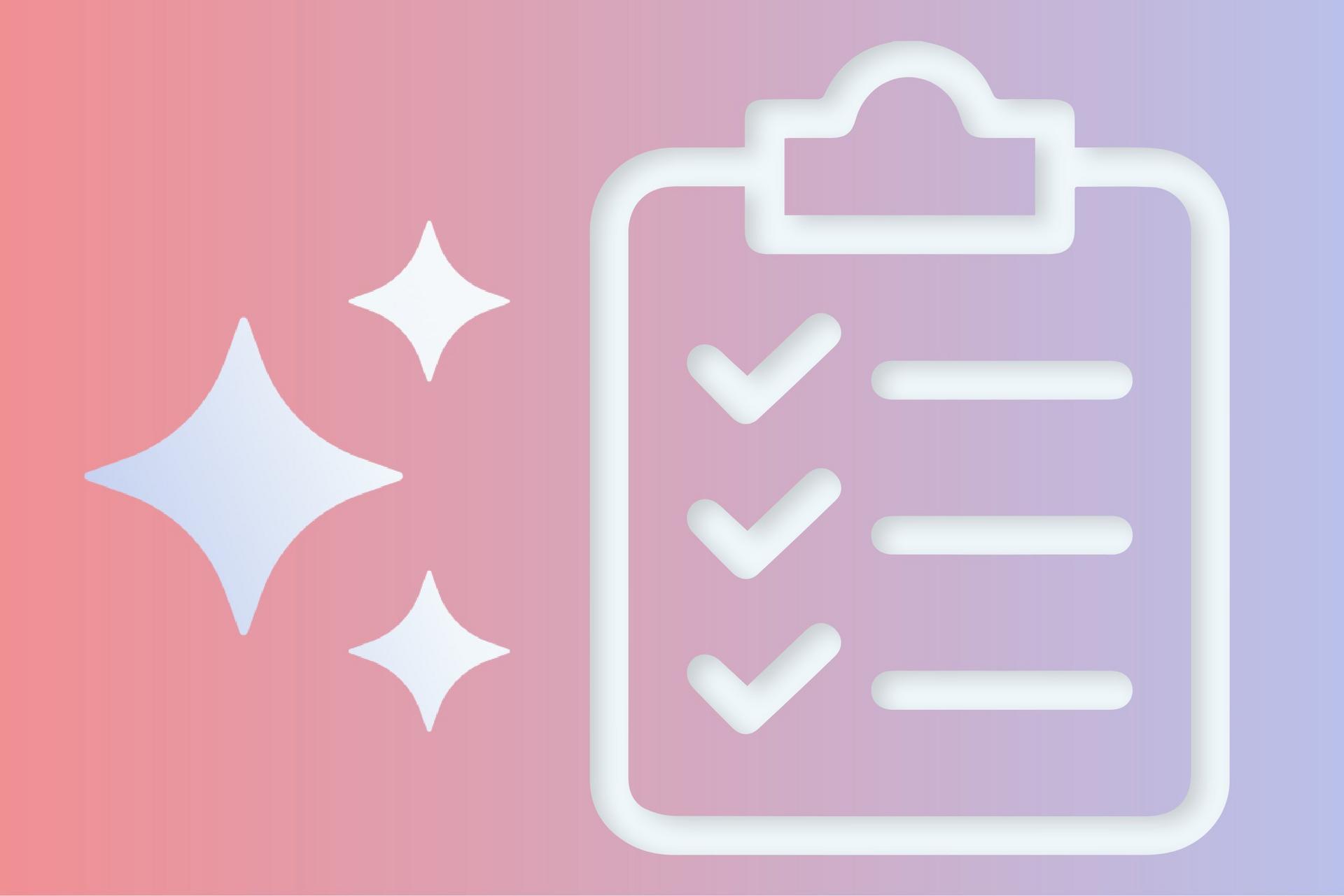 Checklist clipboard with three checkmarks and sparkle icons.