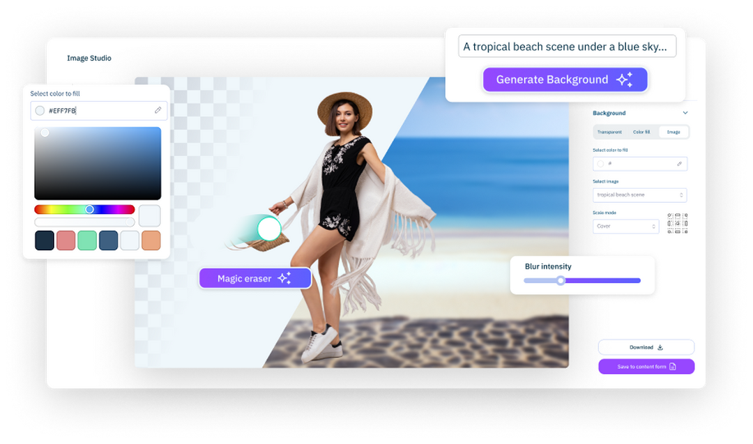Screenshot of an image editor generating a beach background behind a woman in a black romper and hat.