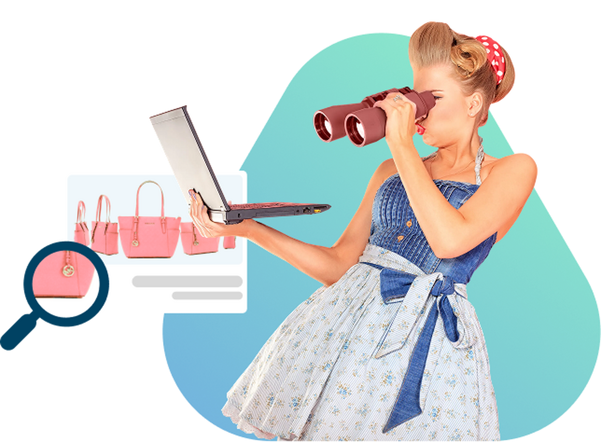 Woman holding a laptop and looking through binoculars at a pink handbag listing.