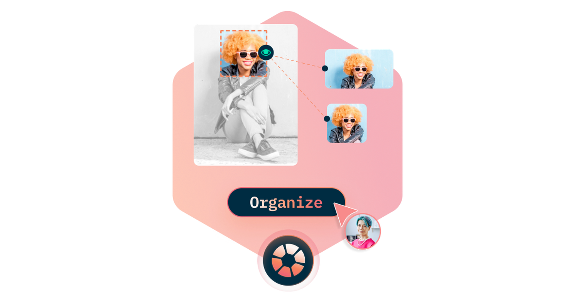 Image shows a person sitting with crossed legs, wearing sneakers and a jacket. Text reads "Organize."