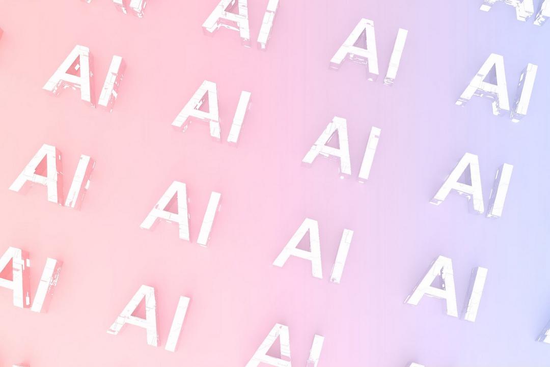 Repeated white "AI" text on a pink and purple gradient background.