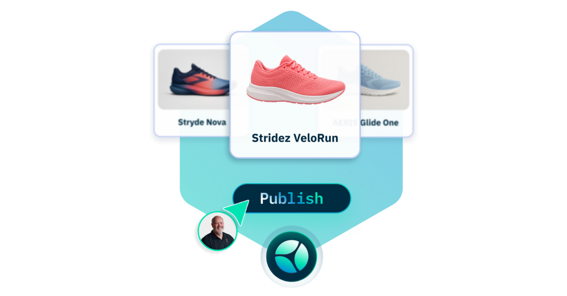 Pink Stridez VeloRun shoe with "Publish" button and two other shoe options.