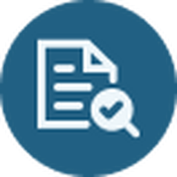 Blue circular icon showing a document with a magnifying glass.
