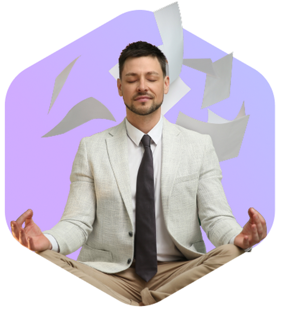 Man in suit meditating cross-legged with floating papers around him.