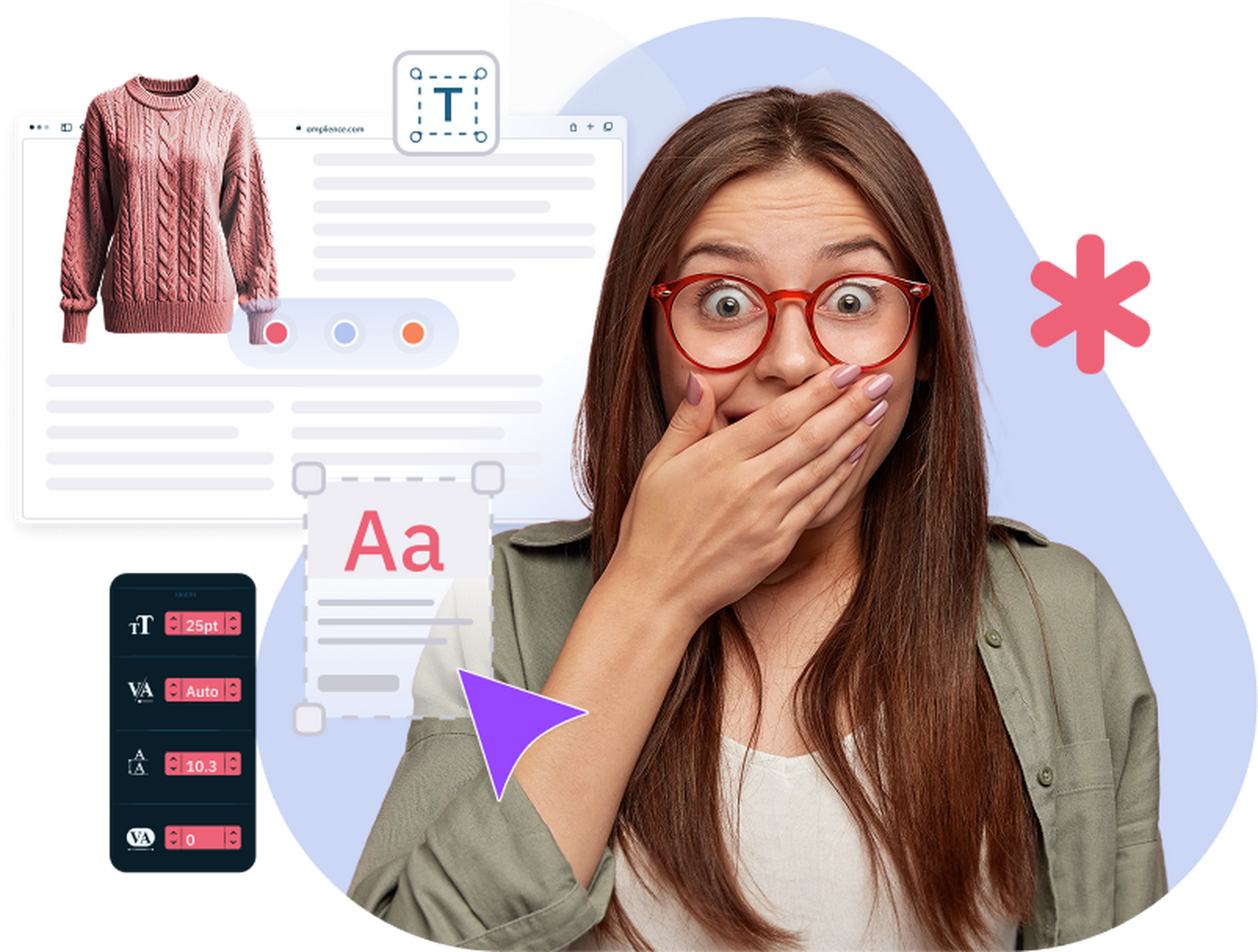 Woman in red glasses covering her mouth, with a sweater product page and design tools icons.