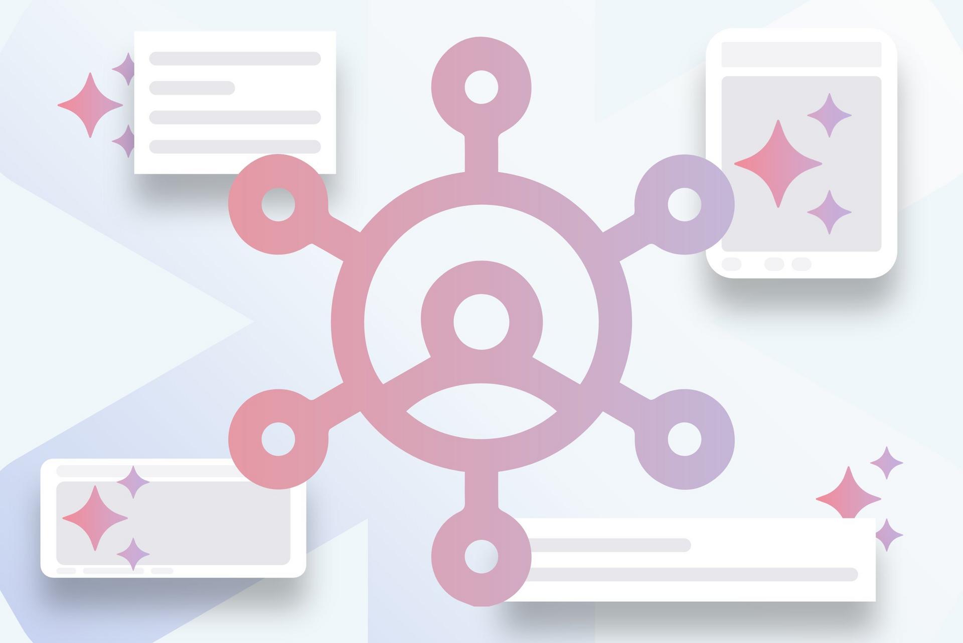 Abstract graphic of a person icon connected to devices with sparkles.