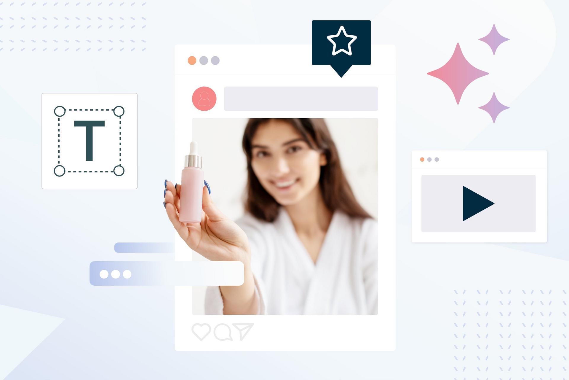 A woman holding a dropper bottle, featured in a social media post mockup.