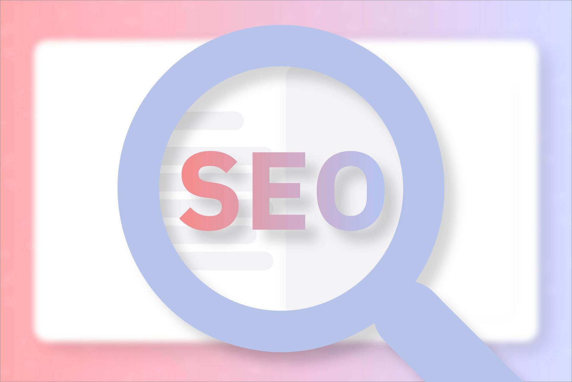 Magnifying glass highlighting the word "SEO" on a blurred document.