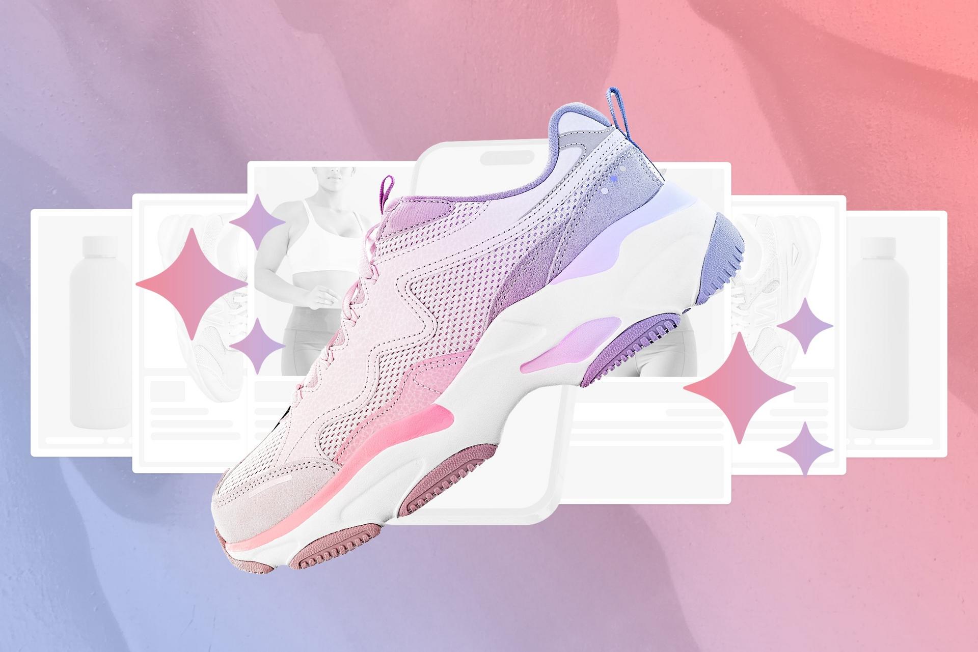 Pink and purple sneaker with a wavy design, surrounded by sparkle graphics.