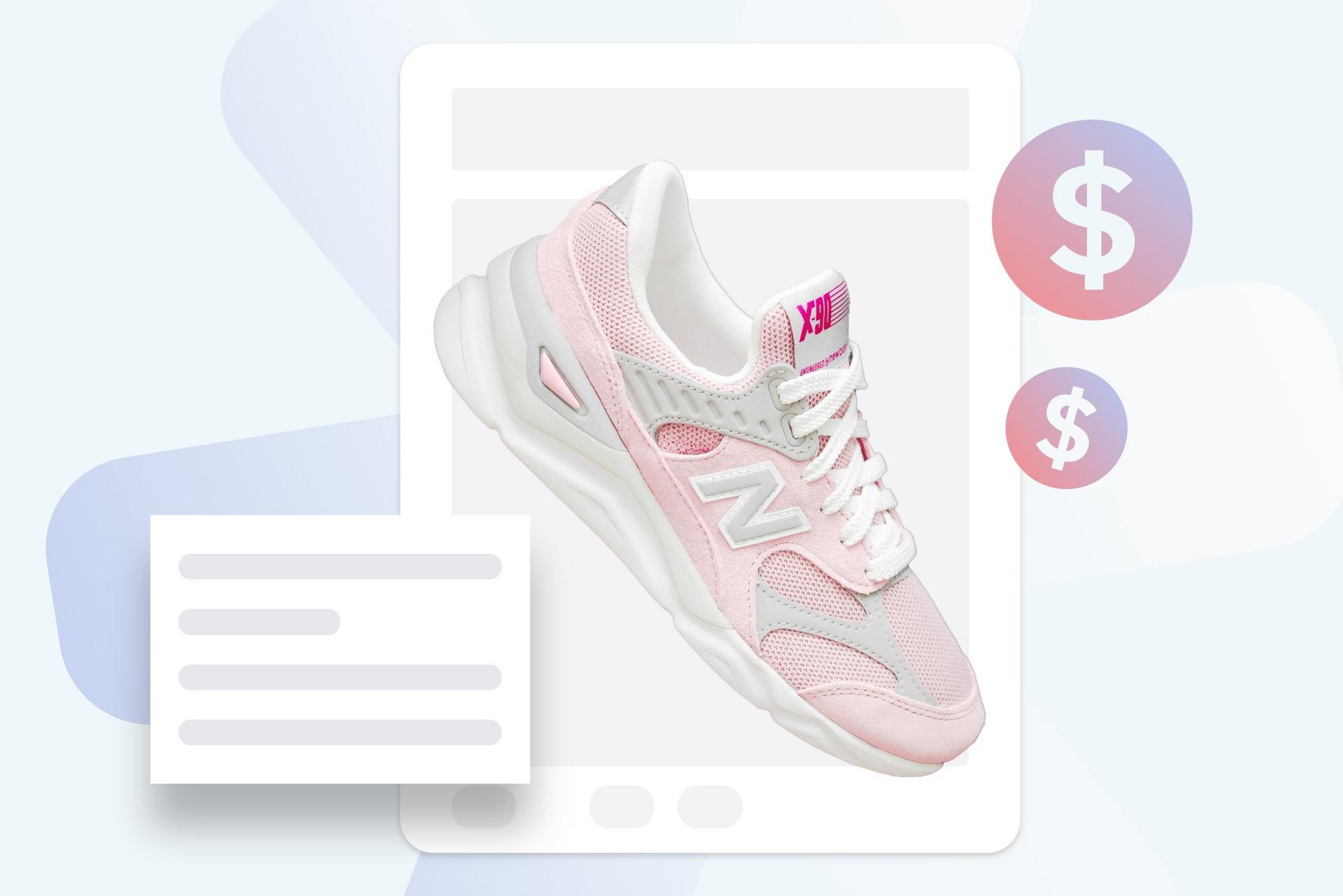 Pink and white New Balance sneaker with mesh and suede details. Price symbols in the background. The image represents generative AI for eCommerce and how to create personalized product descriptions