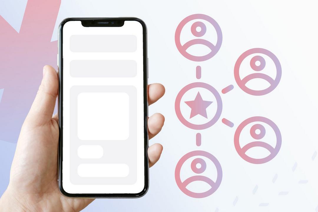 Hand holding smartphone beside network icons and star symbol.
