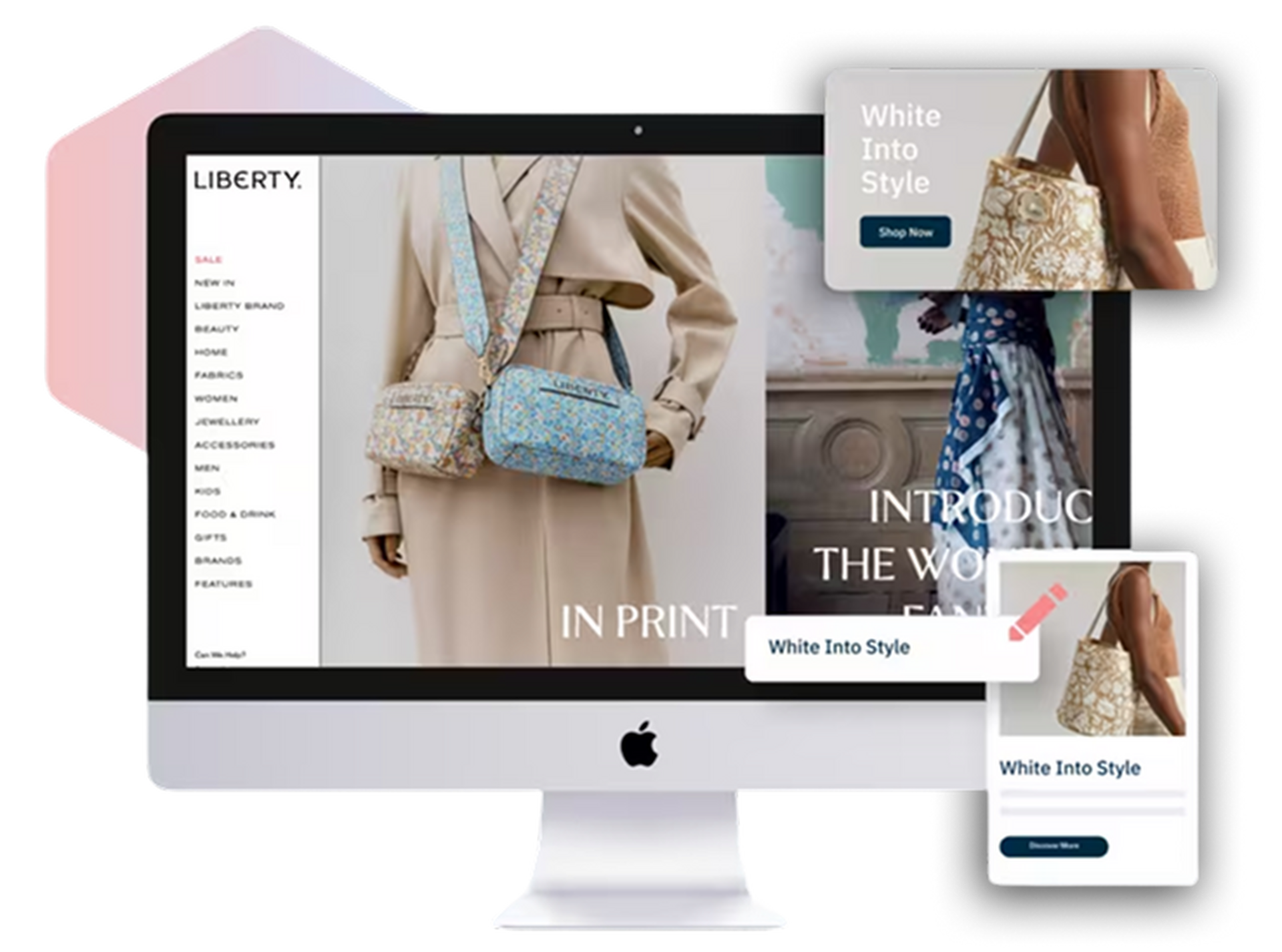 Apple iMac and iPhone showing Liberty website with models wearing patterned crossbody bags.