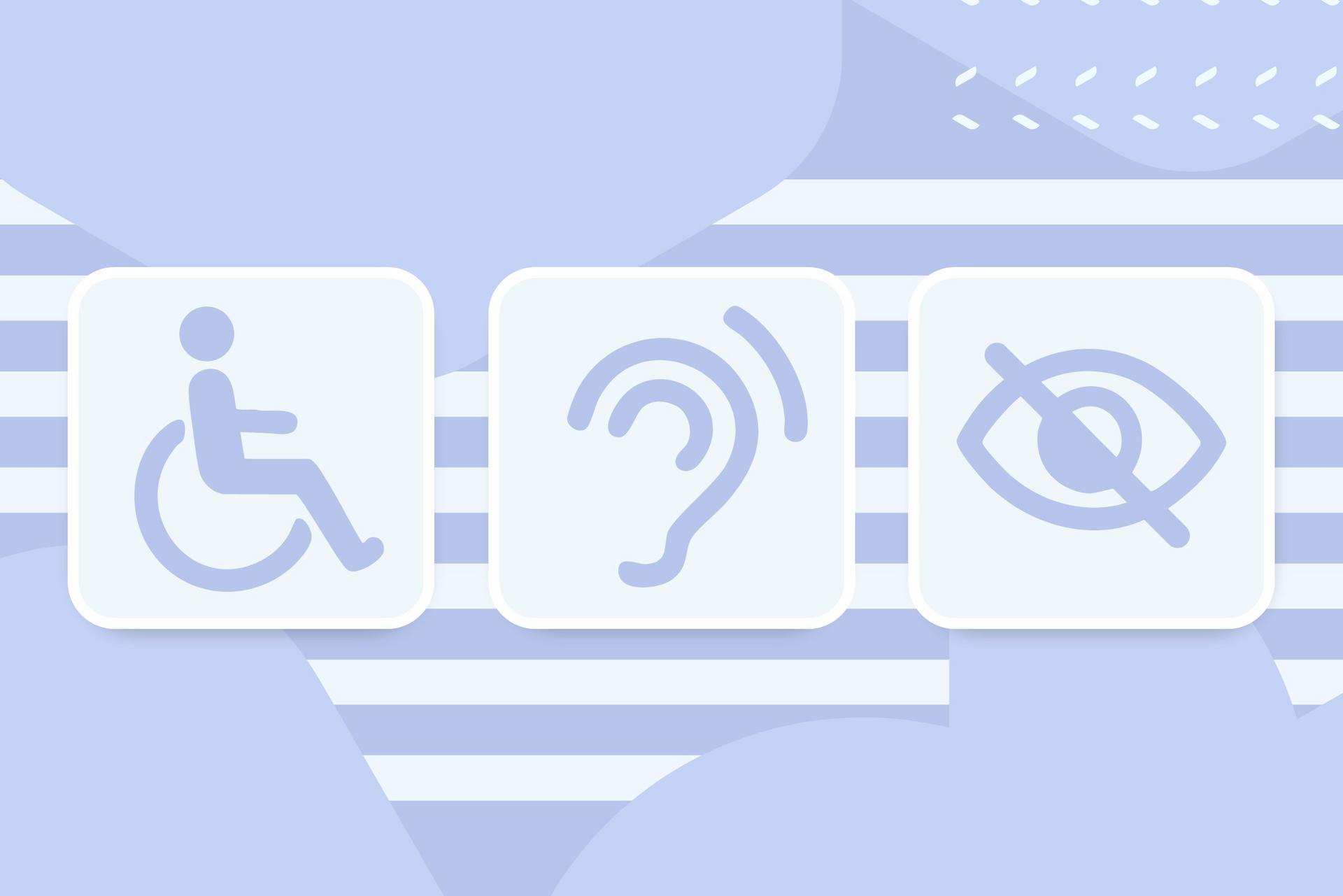 Disability symbols: wheelchair, hearing, visual impairment icons.