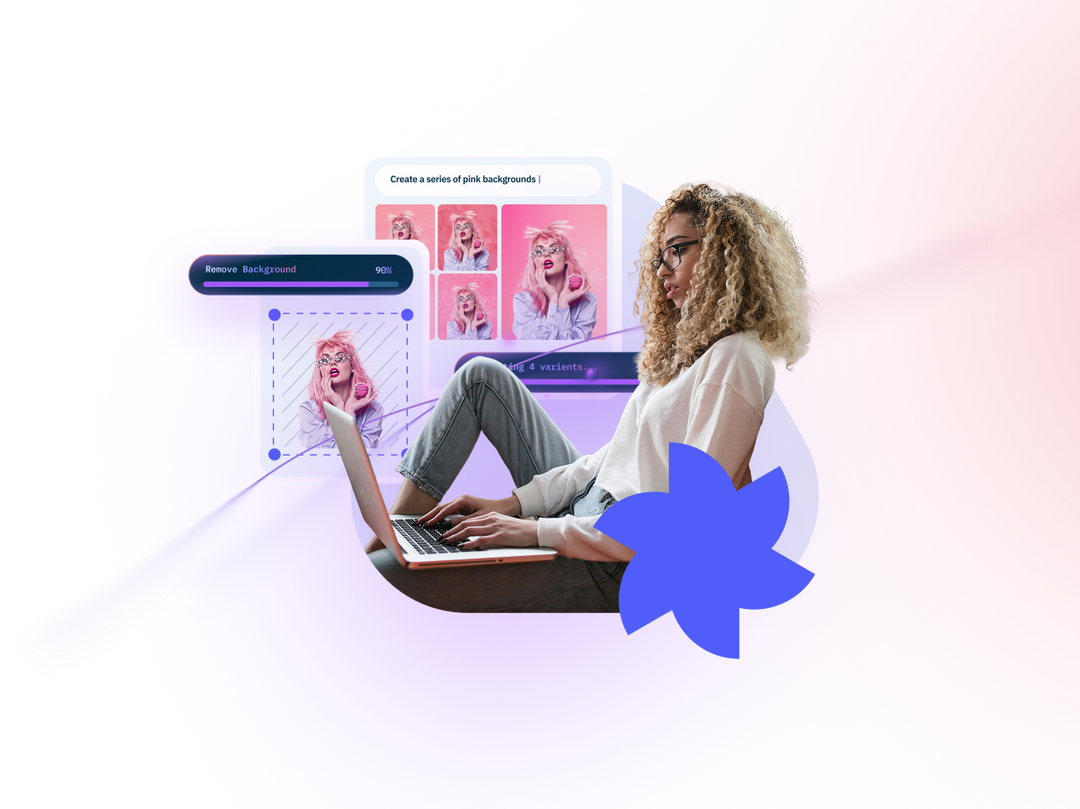Woman using a laptop with photo editing interface showing background removal and pink image variants.