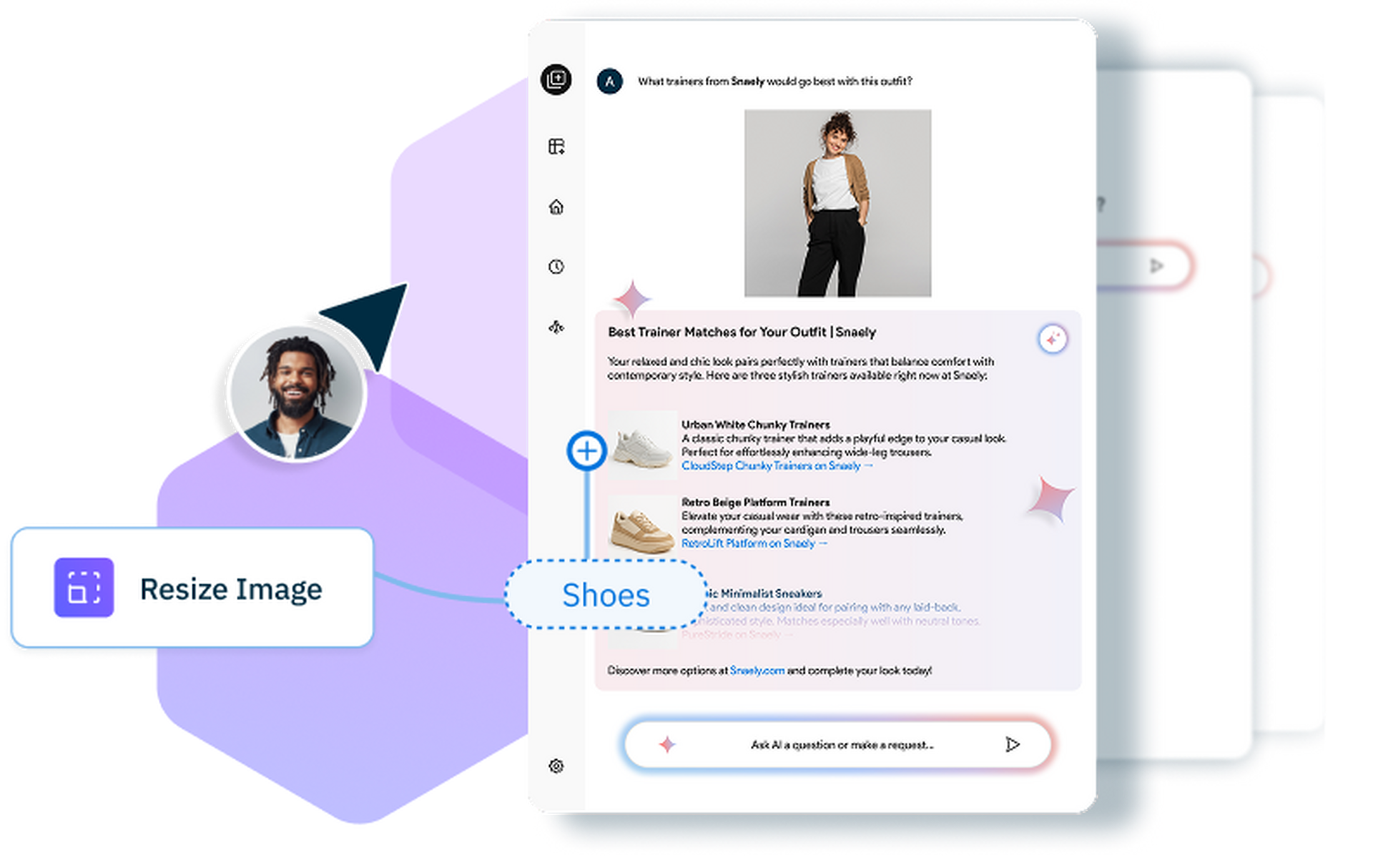 Interface showcasing shoe recommendations, with a highlighted "Resize Image" feature and user avatar.